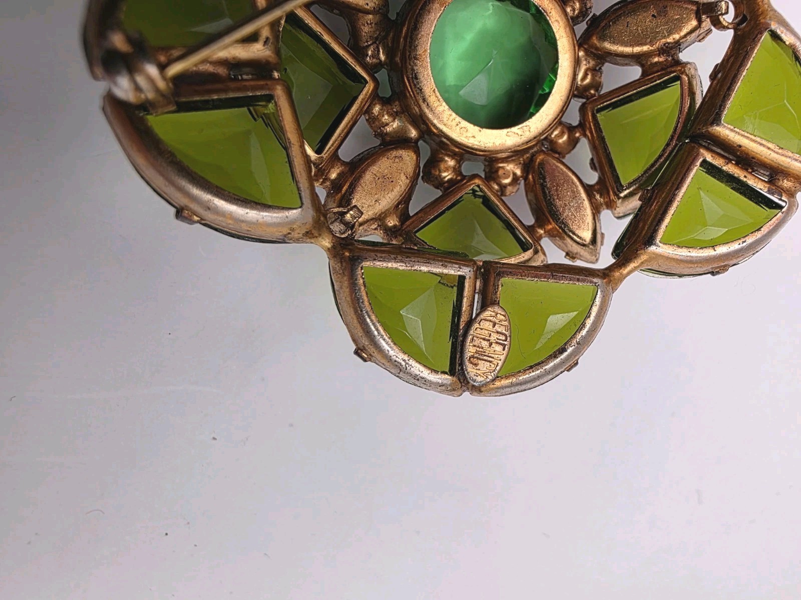 Vintage Rare Signed Regency Green/Red/AB Pie Stone Shaped Glass Tiered Brooch