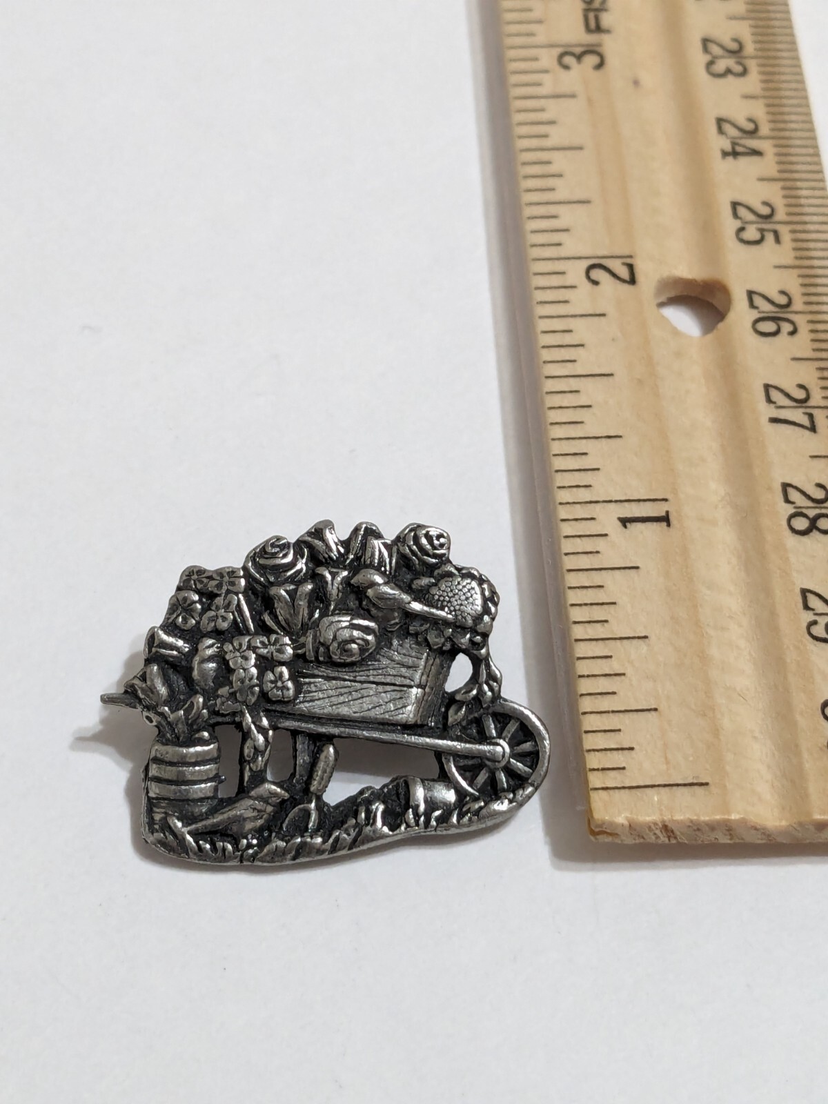 Birds & Blooms Limited Edition 2001 Pewter Wheelbarrow & Flowers Brooch/Pin. 1″.