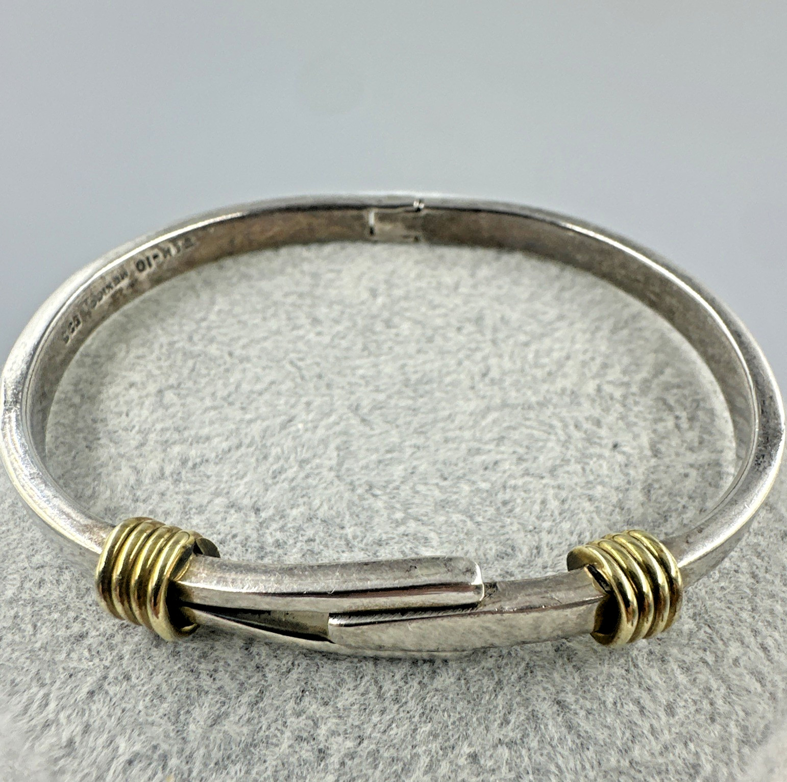 Vtg Taxco Sterling Silver Brass Accent Abstract Modernist Bangle Bracelet 24.3g