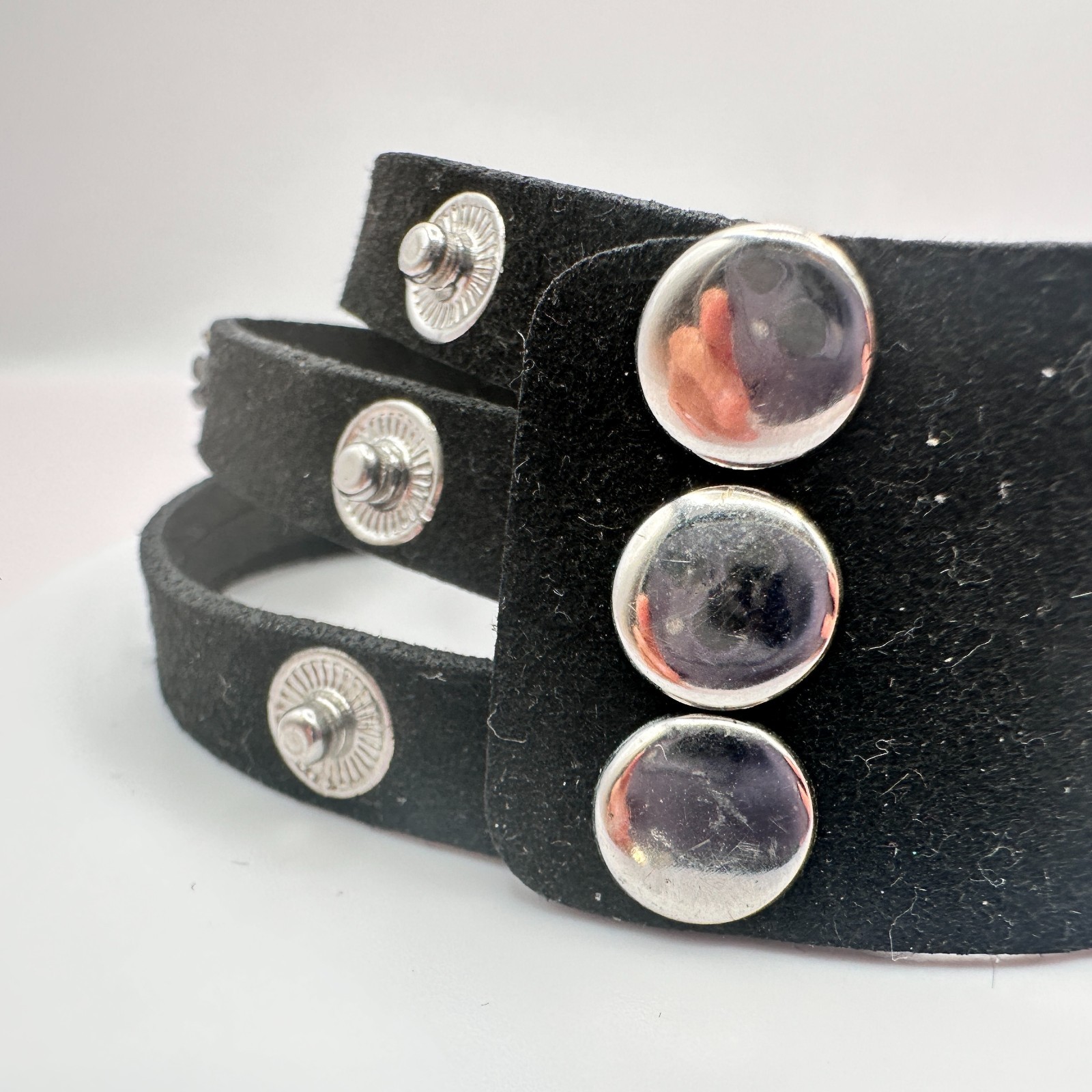 Vintage Y2K Black Leather Glass Rhinestone Wrap Bracelet Silver Tone Jewelry