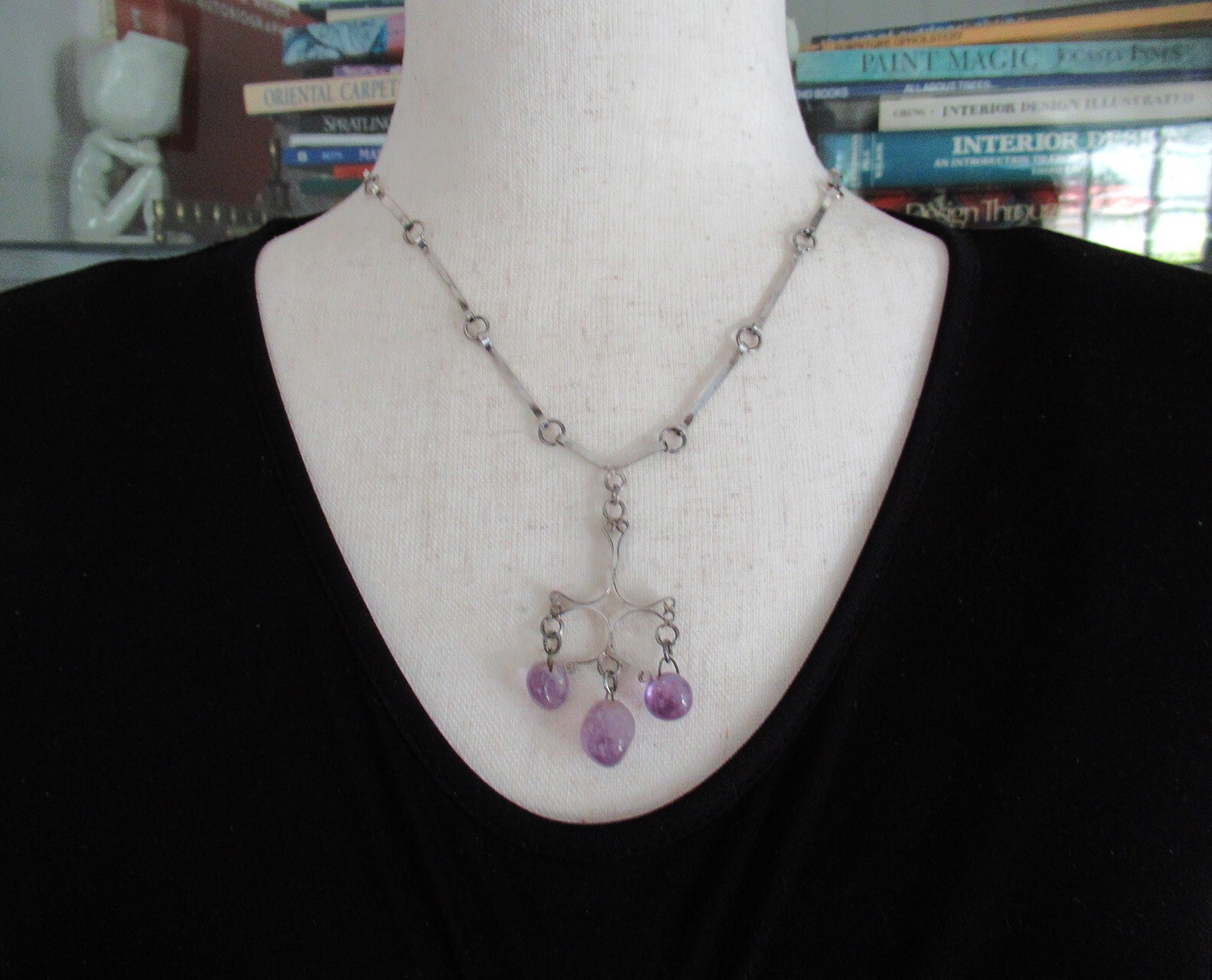HANDMADE STERLING MODERNIST NECKLACE w AMETHYST, 2 3/8″ PENDANT, 18 INCHES