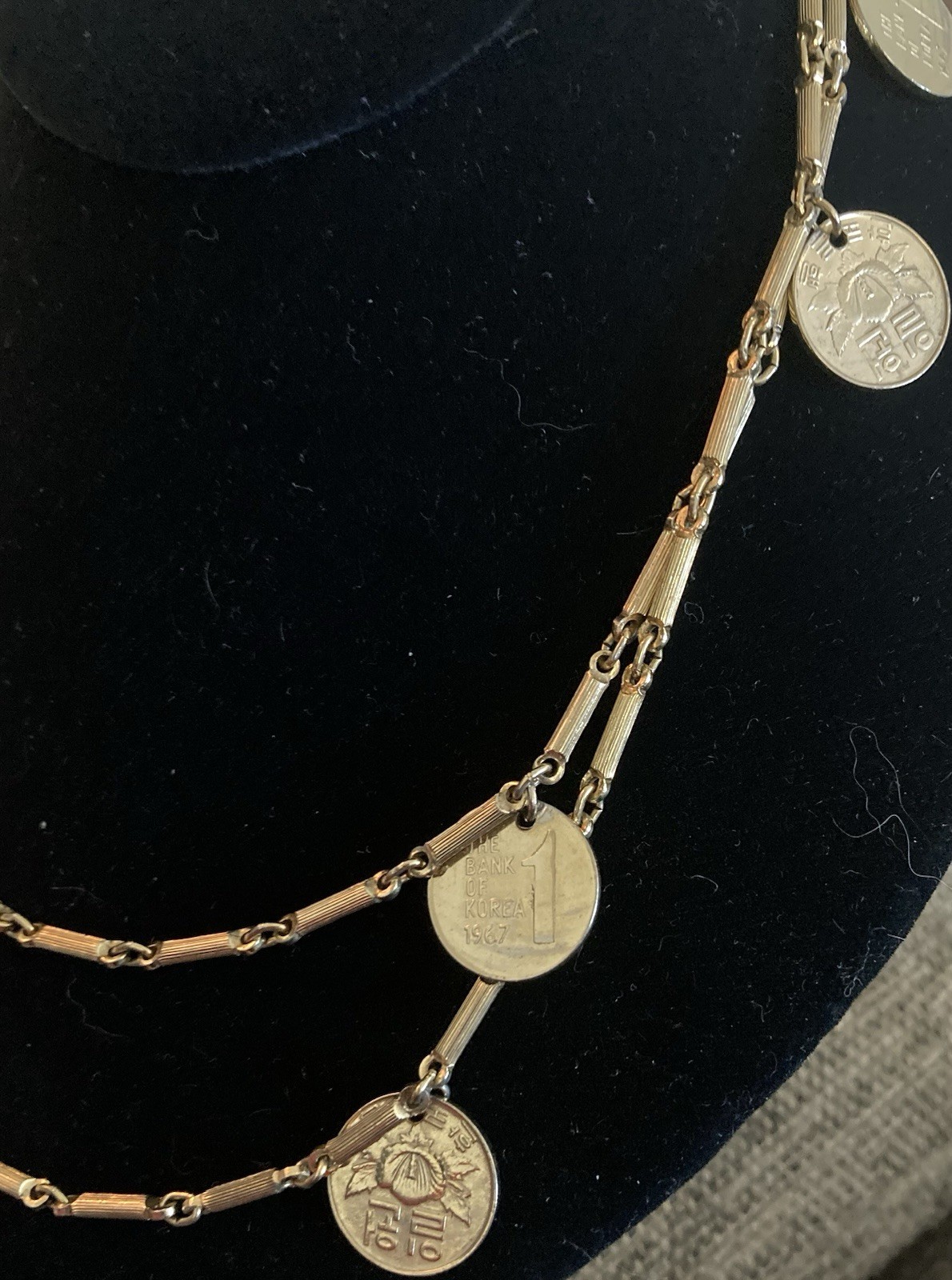 Vintage 34” Long Coins GoldTone Patterned Links Necklace The Bank Of Korea 1967