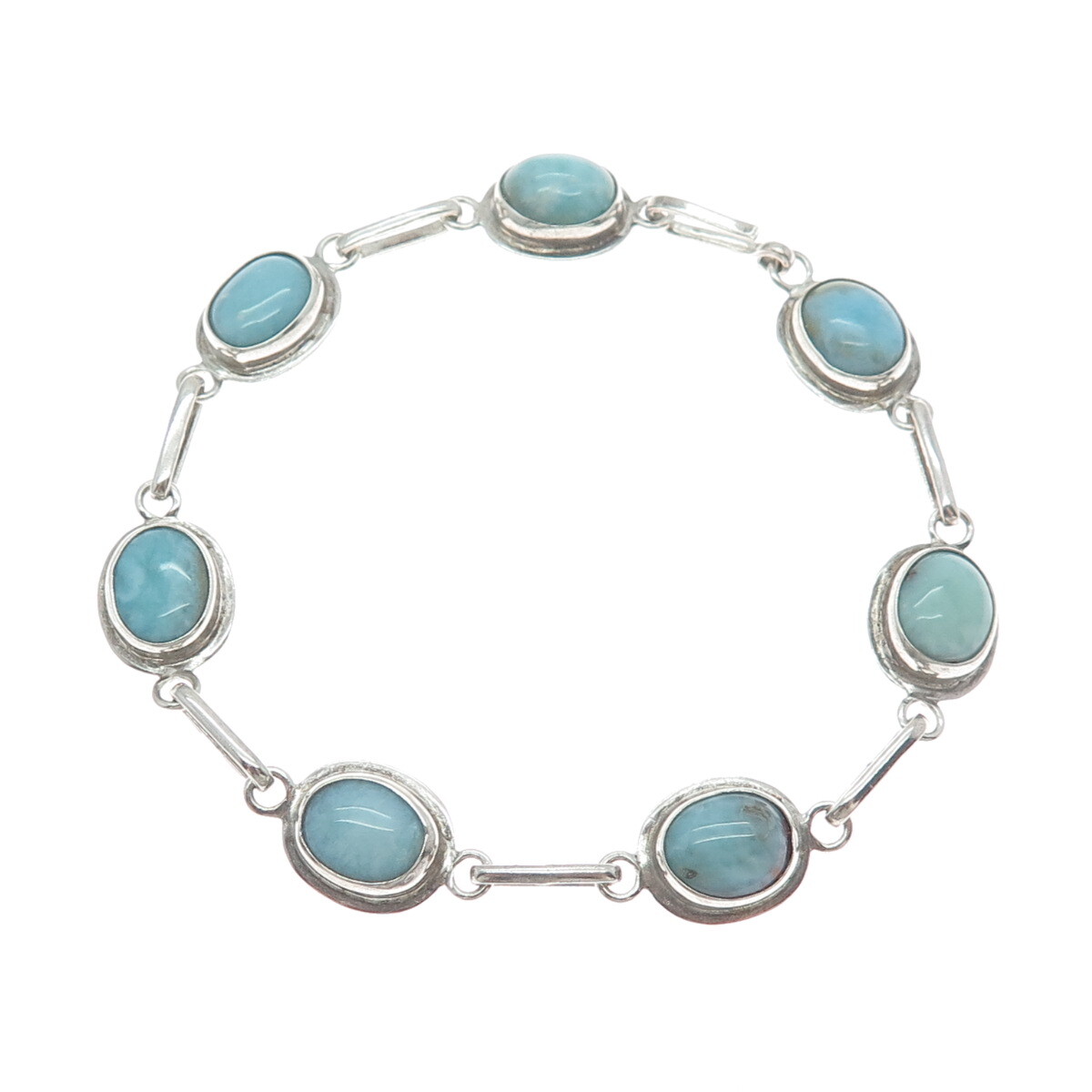 925 Sterling Silver Vintage Real Larimar Station Bar Link Bracelet 7.25″