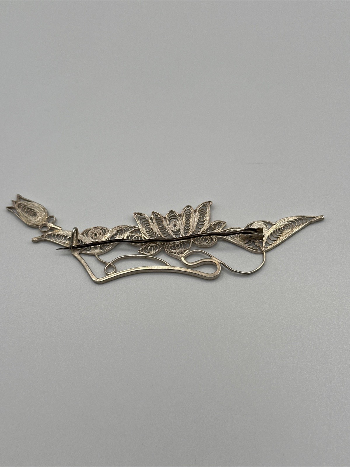 Hand Made EUROPEAN Filigree Brooch 4 in. Silver Lotus Floral