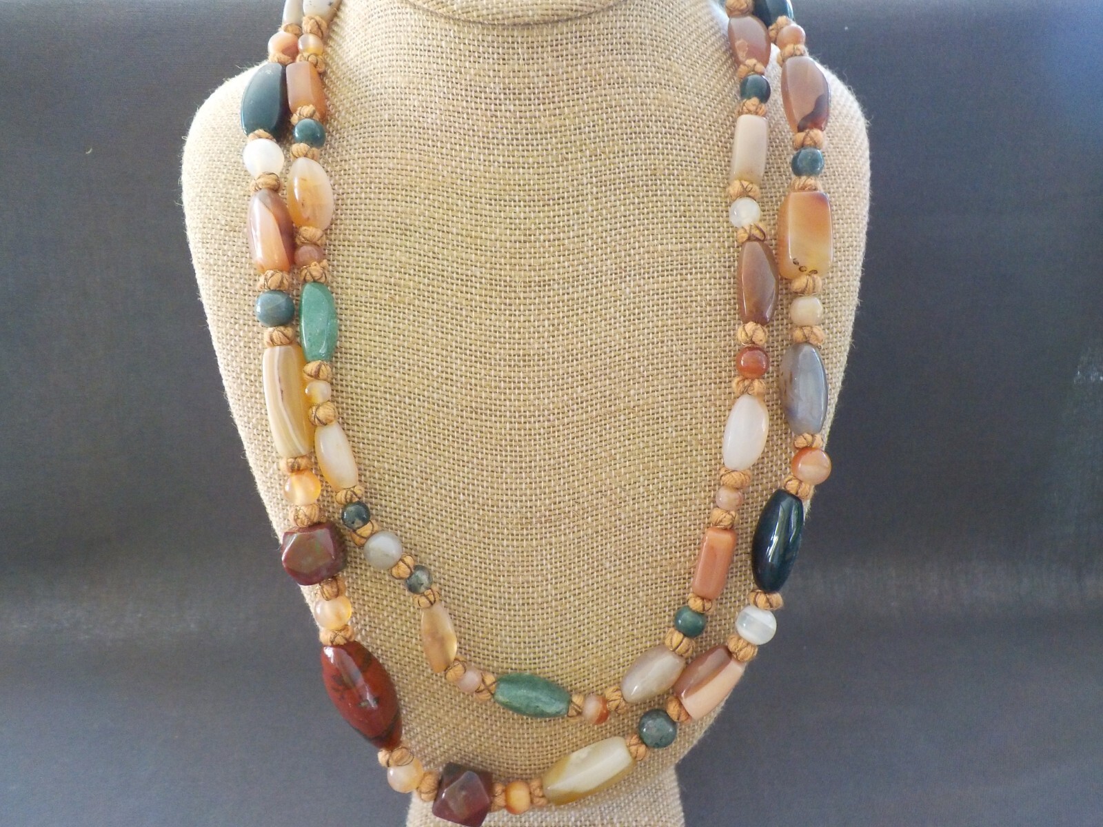 Vintage Strand Necklace Polished Mixed Stones Shapes Semi Precious Agate Quartz