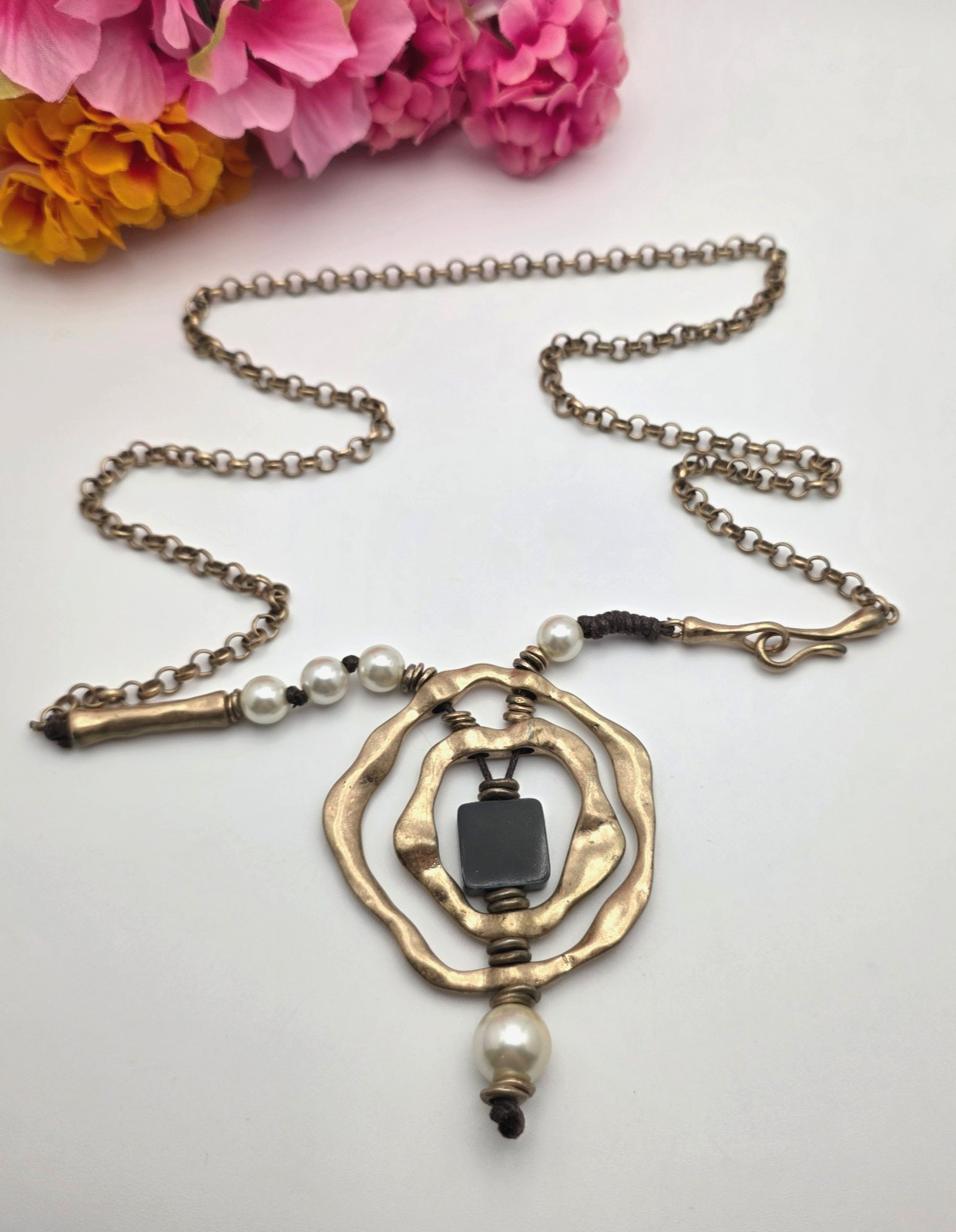 Vintage Hammered Pendant Necklace Faux Pearl Black Wood Bead Artisan Boho 35 In
