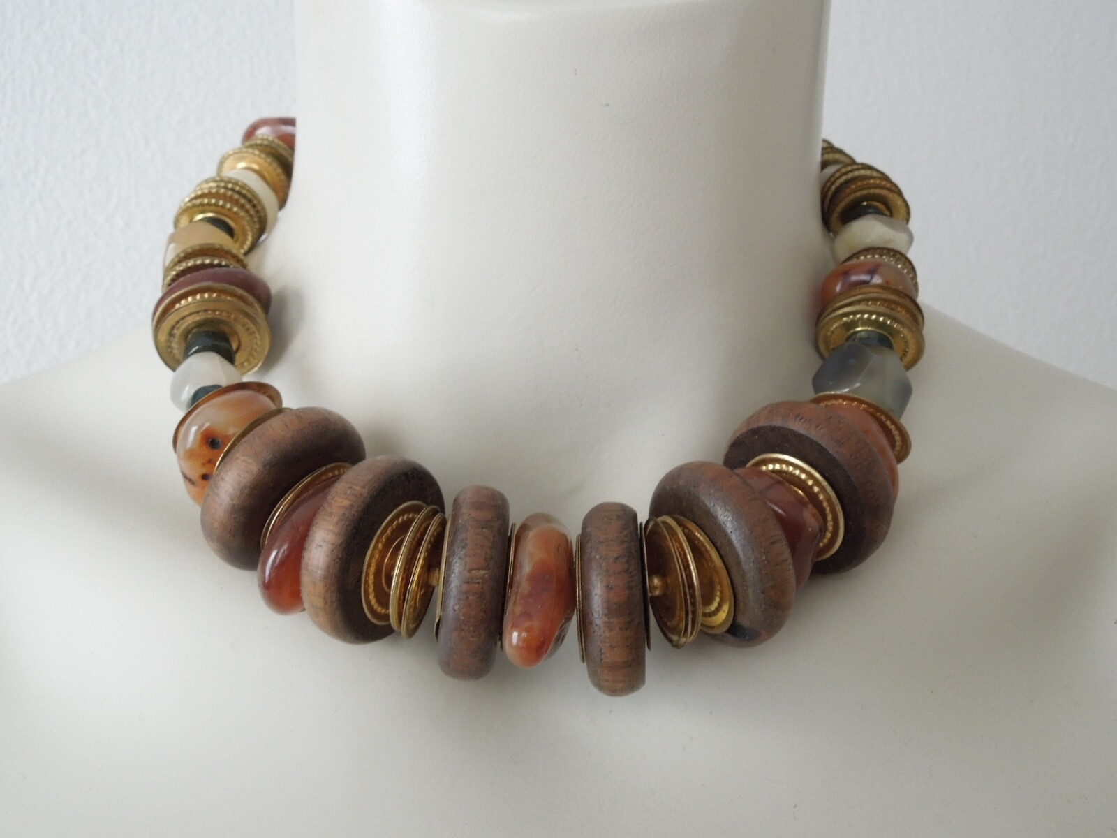 Necklace Collar Wood Metal Plate Agate Solid 168.4 G/46 Cm