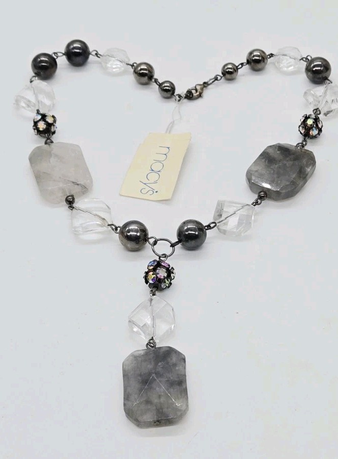 Macy’s Y Drop Necklace Marbled Grey Acrylic AB Crystal Couture Gunmetal 16 in