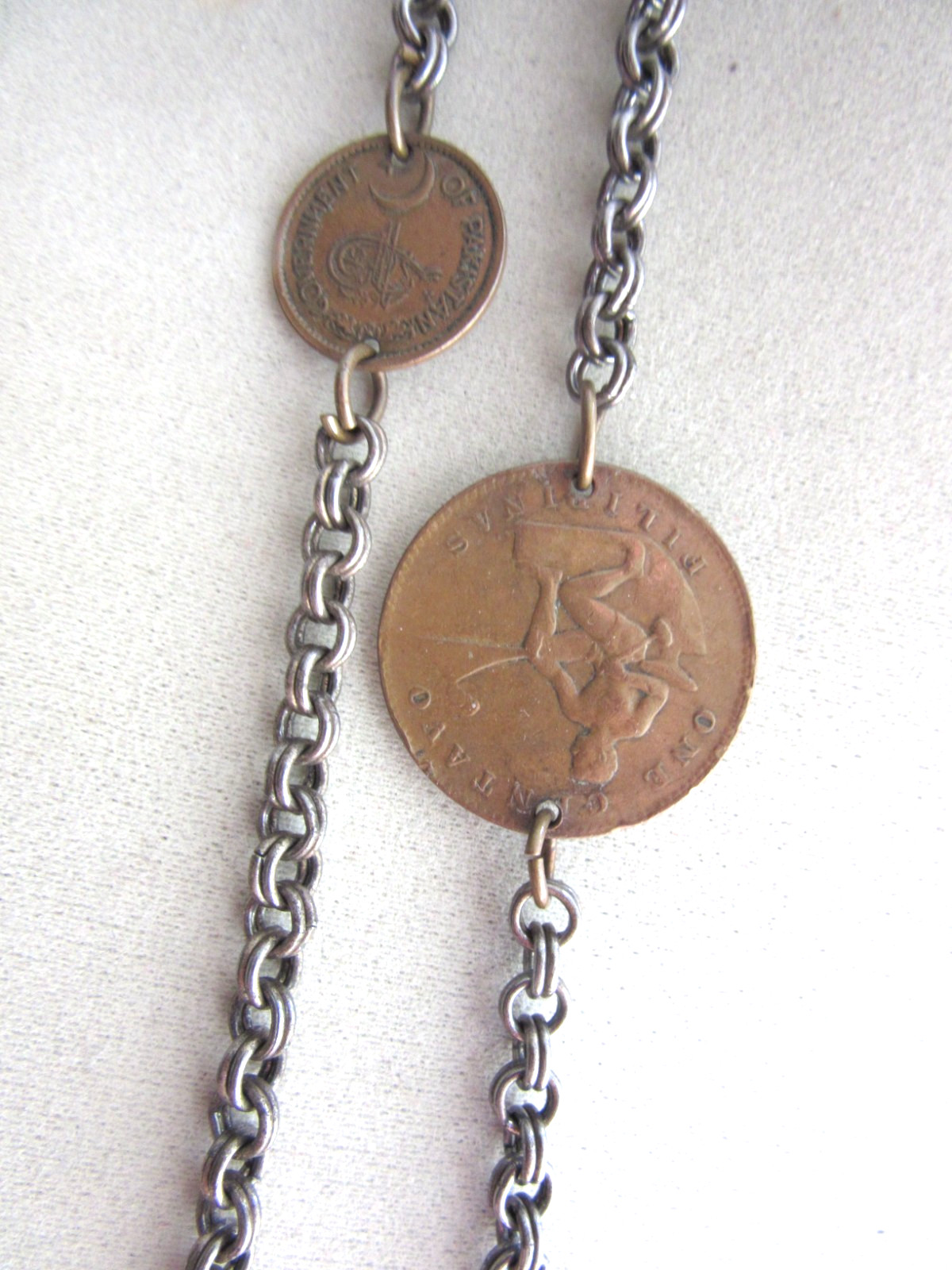 Vintage Travel 1950s Coins stations 54″ long chain necklace with 11 coins