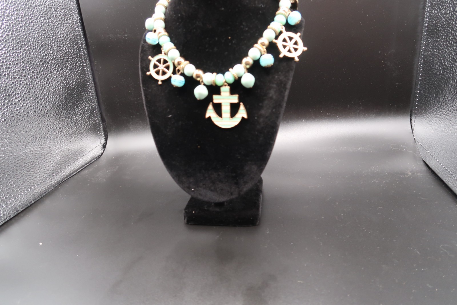 Vtg Nautical Beaded Charm Station Necklace Anchor Ship Wheel Teal & White Enamel