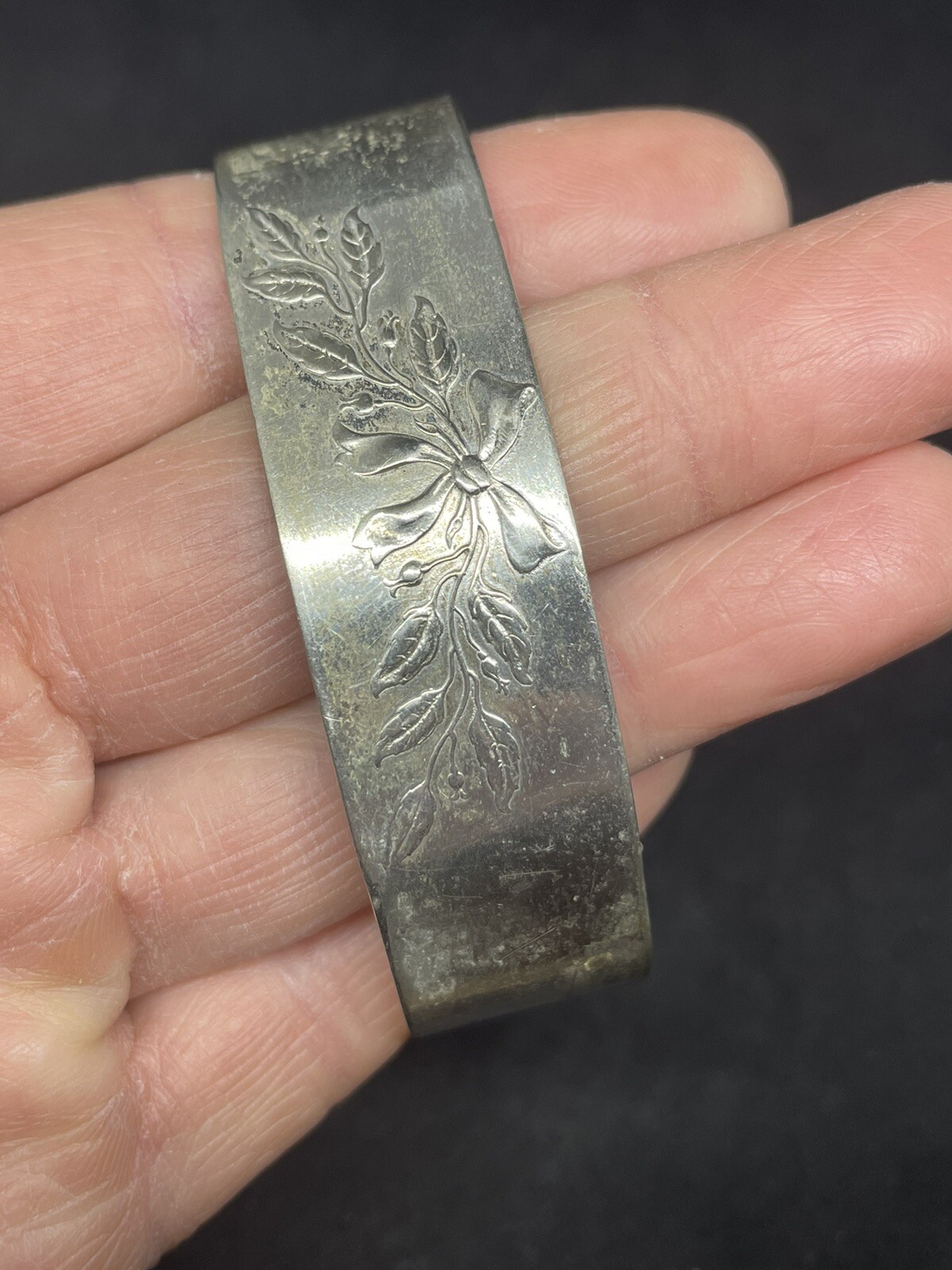 Vintage Bracelet Silver Tone Metal Cuff Plant Bow 6.75” Inside 1” Wide