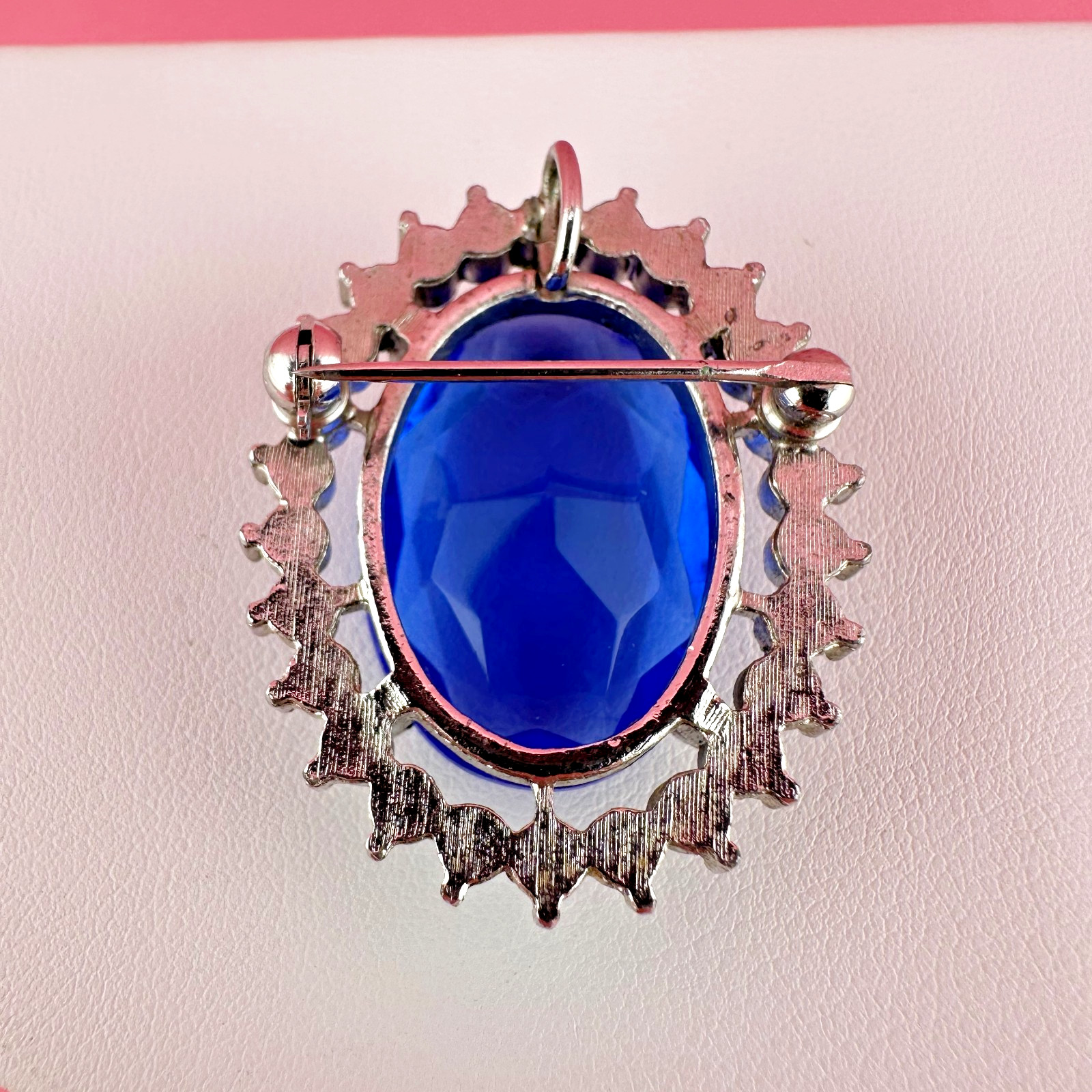 Vintage Crystal Brooch Pendant LG Blue Oval Faceted Stone Open Back Prong Set