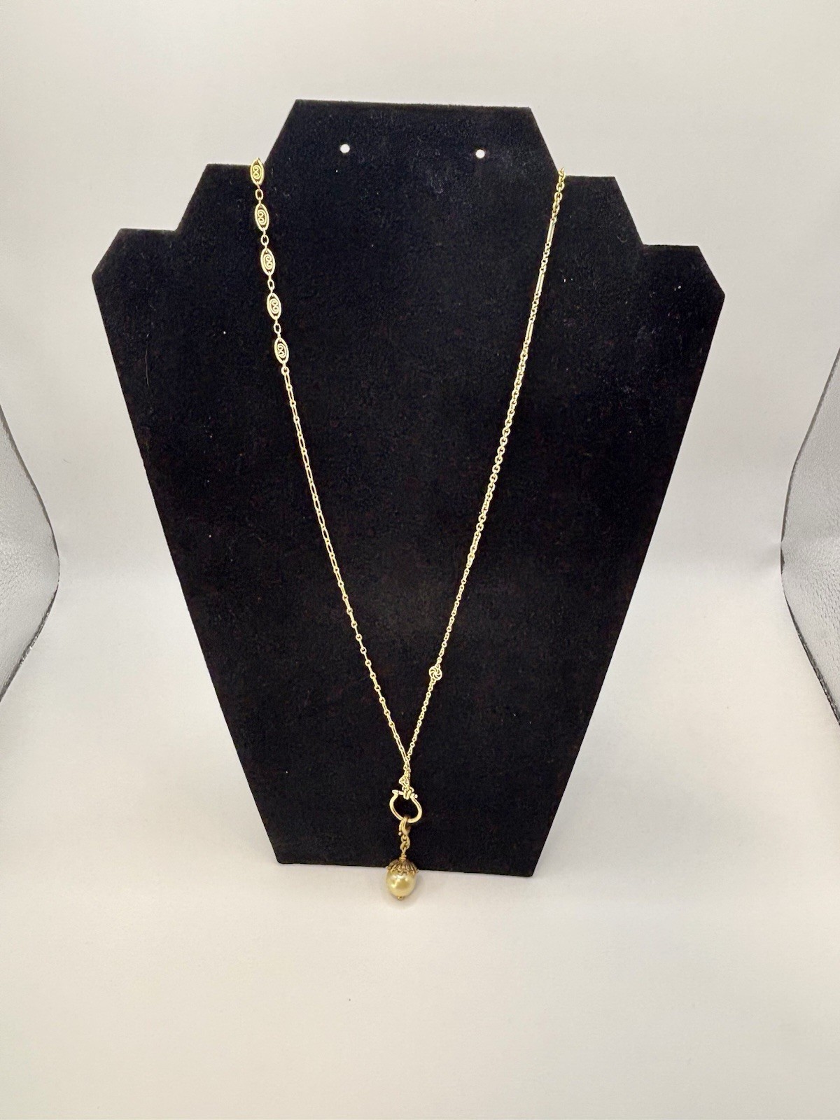 Danish Design Pearl Charm Holder Necklace 24-30″ Antique Brass Stations