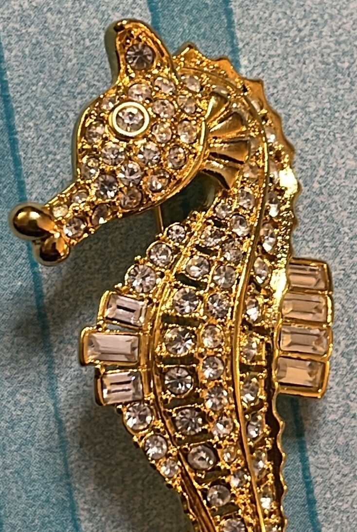 Nolan Miller Goldtone Seahorse Brooch Clear Round And Emerald Cut Rhinestones