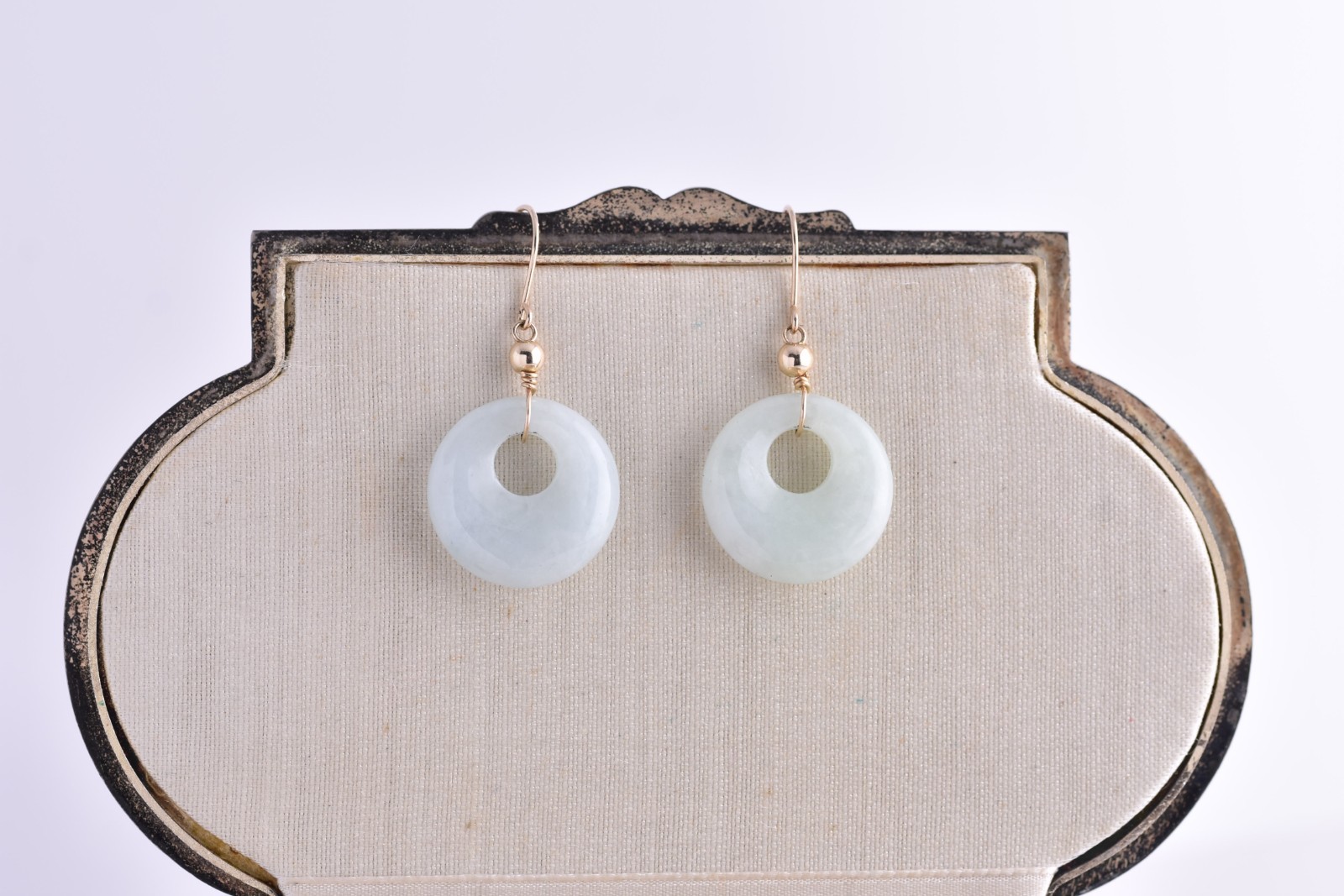 Vintage 10k Gold Light Green Jadeite Jade Bi Disc Circle Earrings