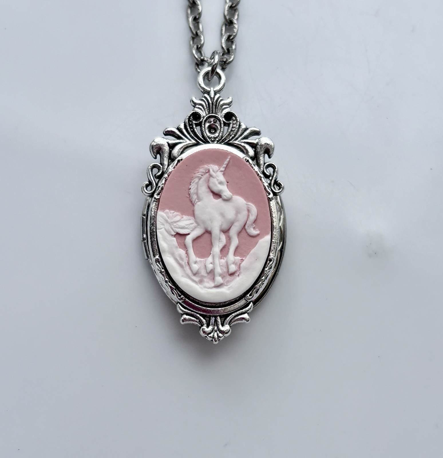 Pink Unicorn Cameo HIDDEN LOCKET Necklace, Vintage Secret Pillbox Pendant