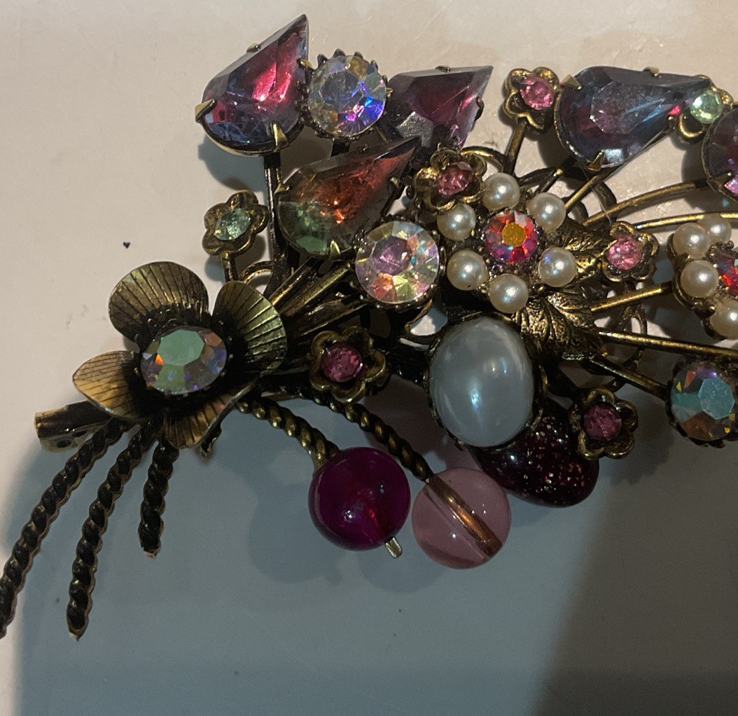 Vintage Brooch Multi Stone Flower Bouquet Design Gold Tone