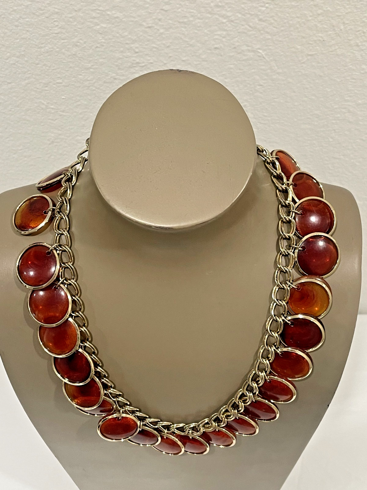 Vintage Statement Gold Tone & Lucite Coin Necklace 1950s 18″ Adjustable Unsigned