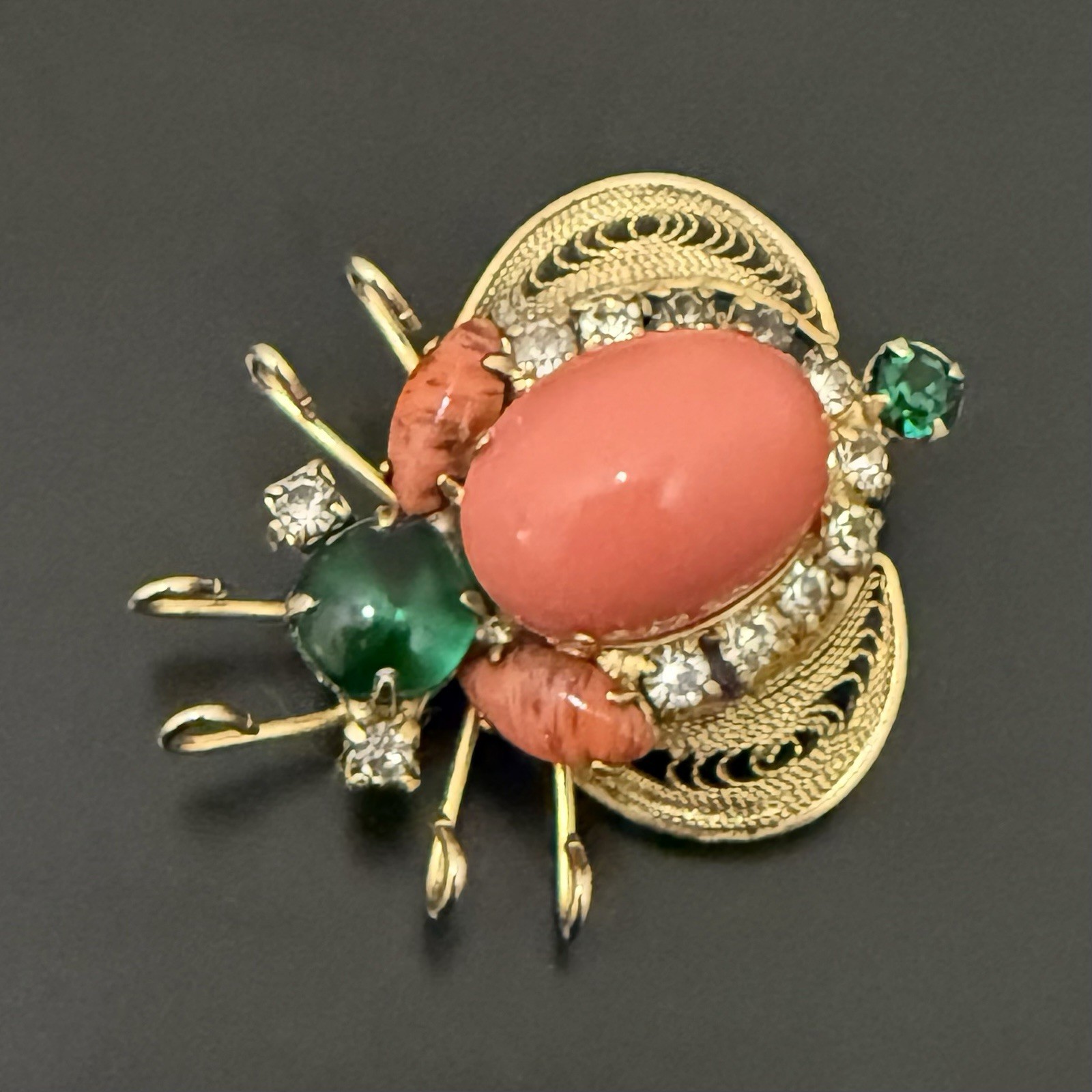Rare Juliana Delizza & Elster Faux Coral Cabochon Rhinestones Beetle Bug Brooch