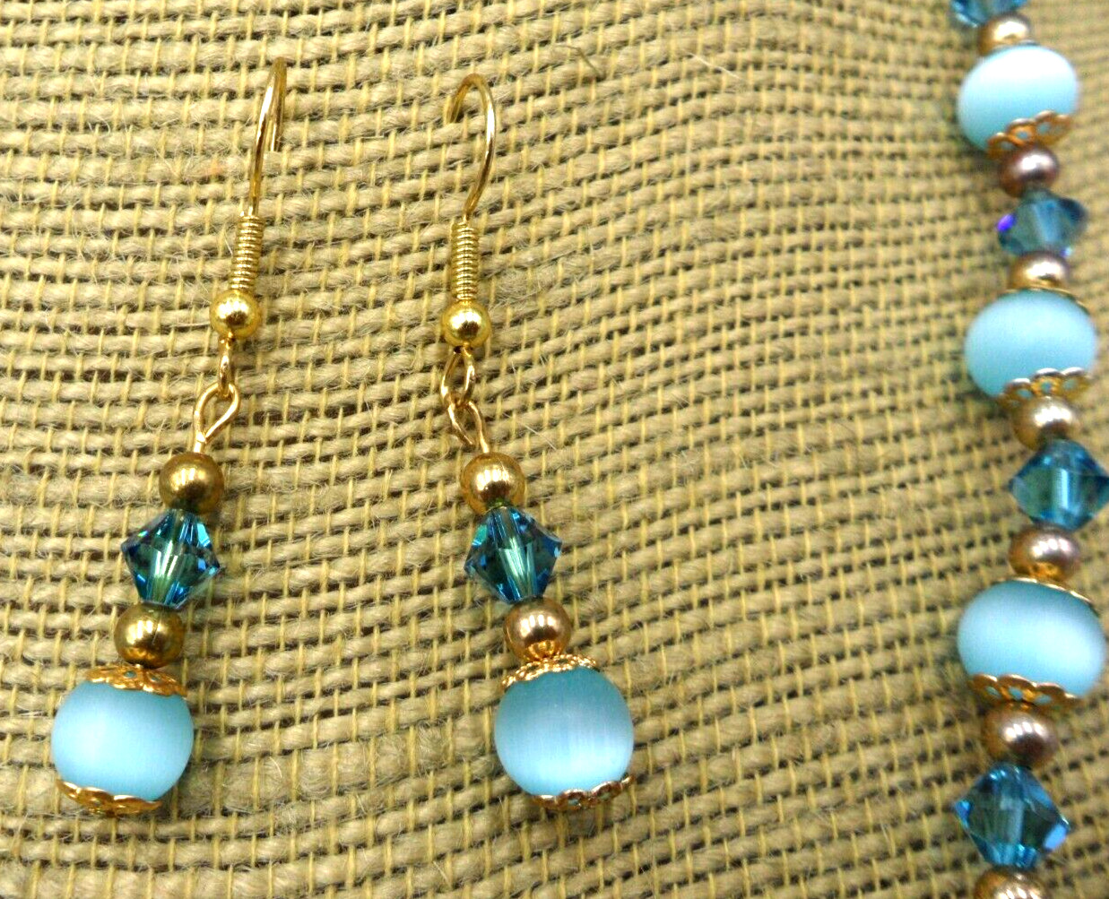 Vintage Jewelry Set Blue Cats Eye Glass Bicone Bead Necklace Bracelet Earrings