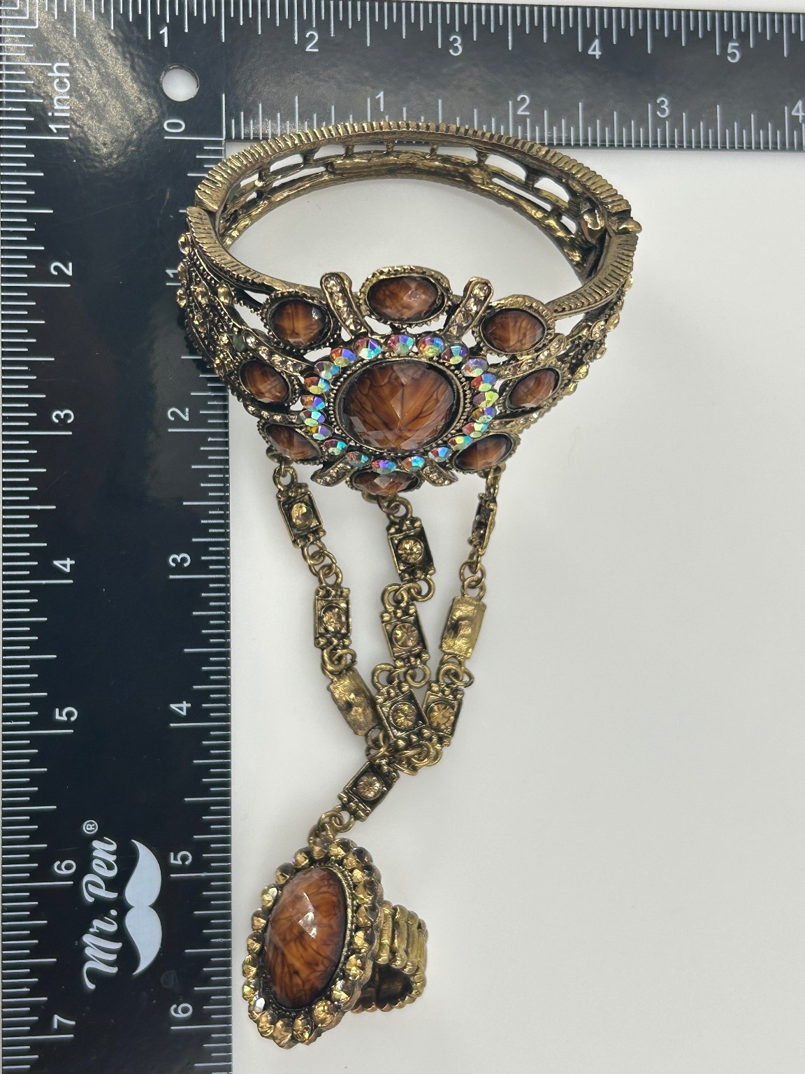 Vintage Slave Bracelet Cuff Ring Set Antiqued Gold Tone Faux Amber AB Crystals
