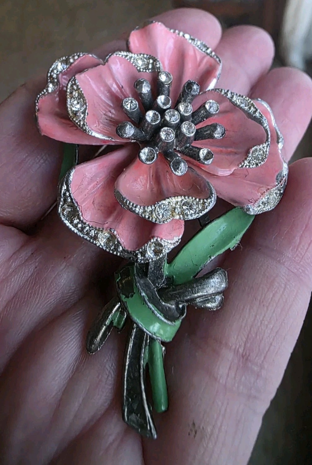 New England Glass Works Trembler Brooch Peach Flower Enamel Pot Metal