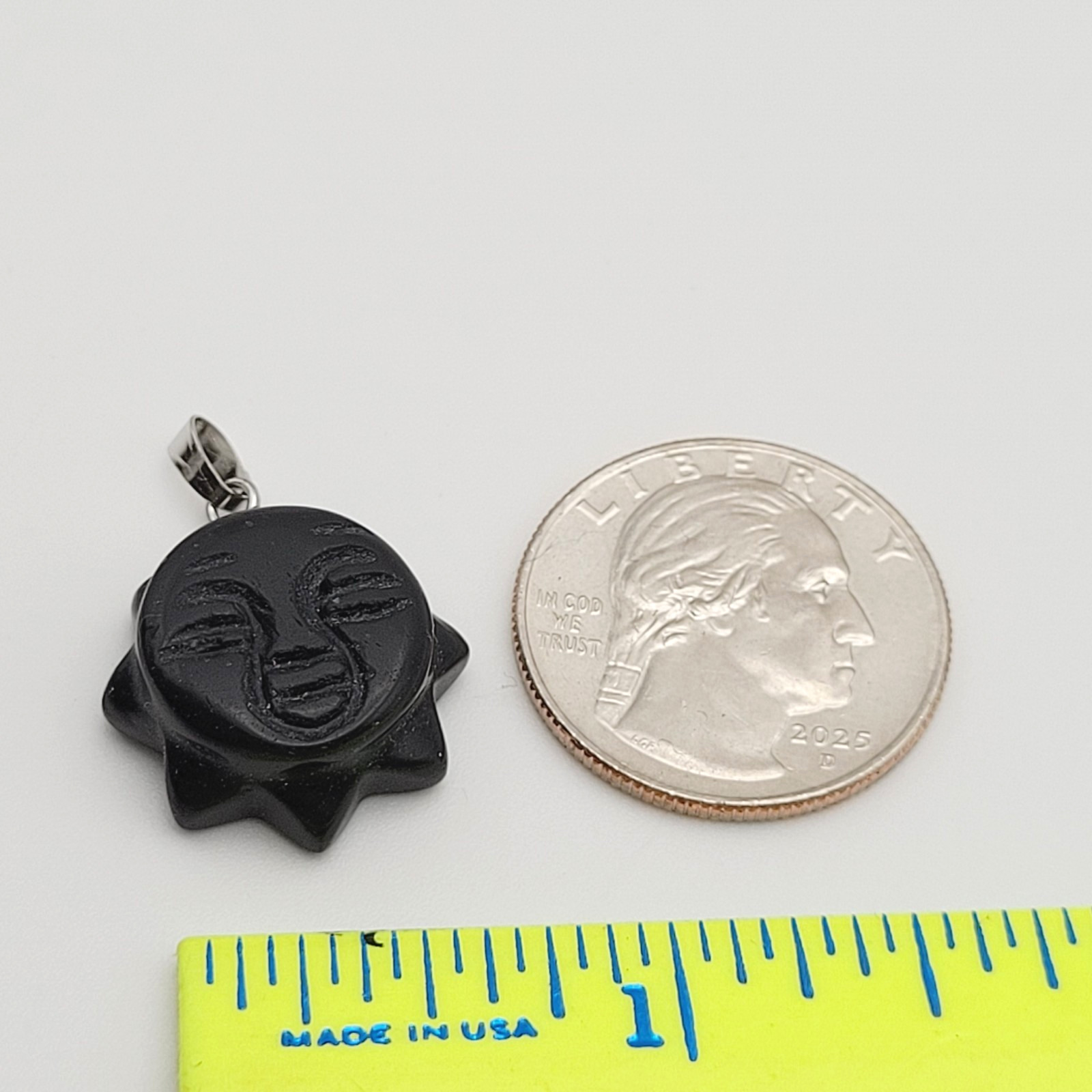 Obsidian Sun Face Black Carved Stone Silver Tone Bail Pendant Charm No Chain