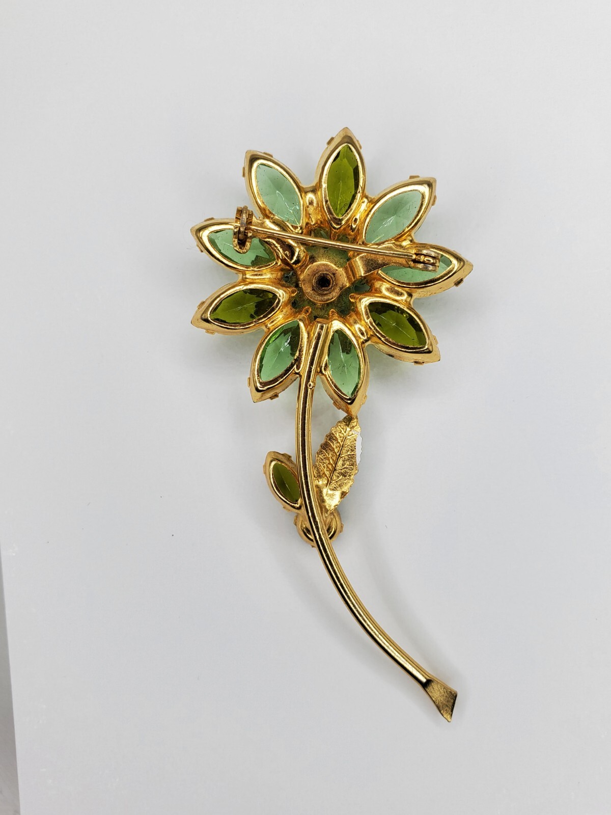 Vintage Adorable Open Back Green Glass , Rhinestones & Enamel Flower Brooch