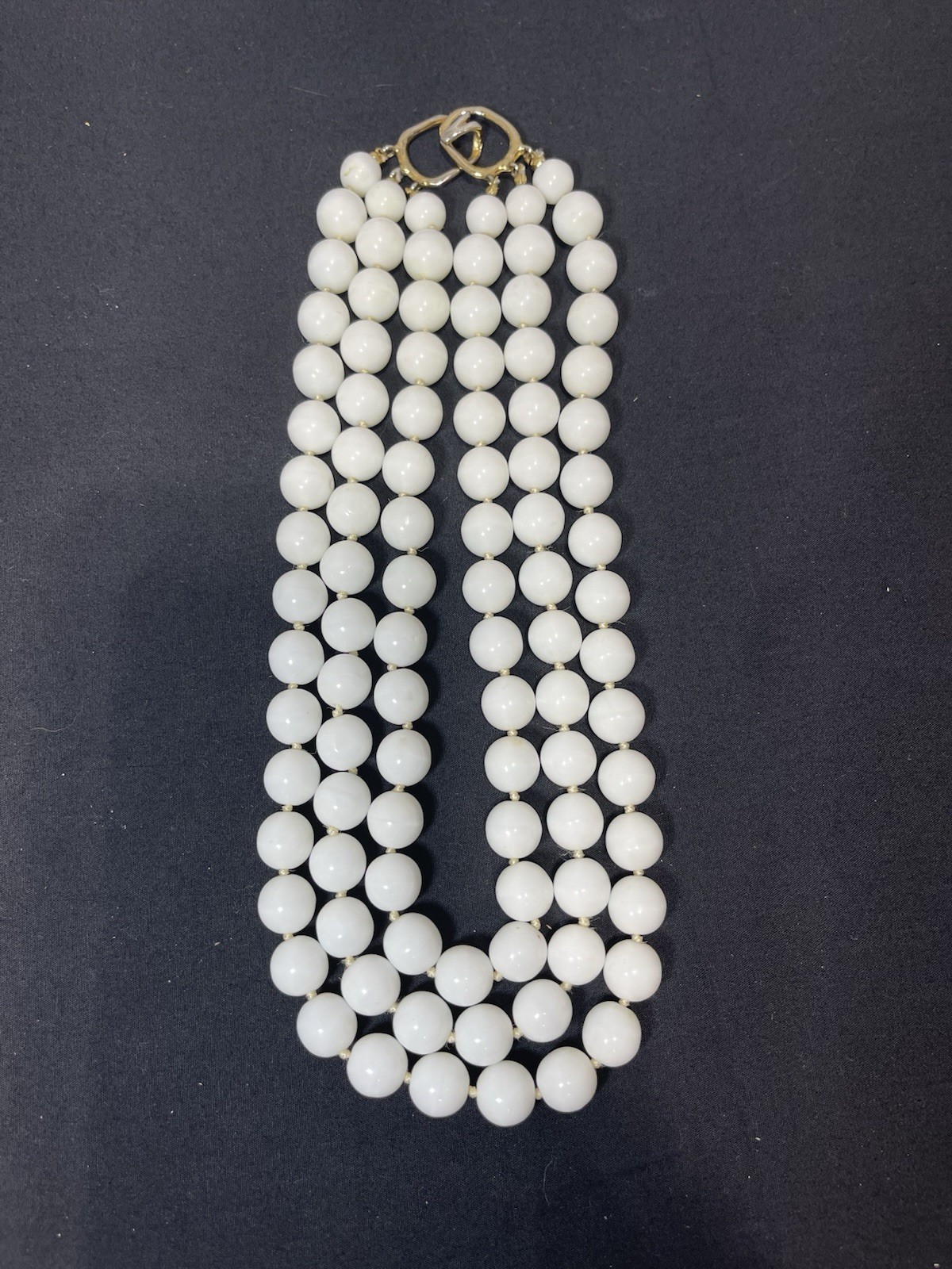 Vintage Les Bernard 3 Strand Hand Knot White Milk Glass Beaded Choker Necklace