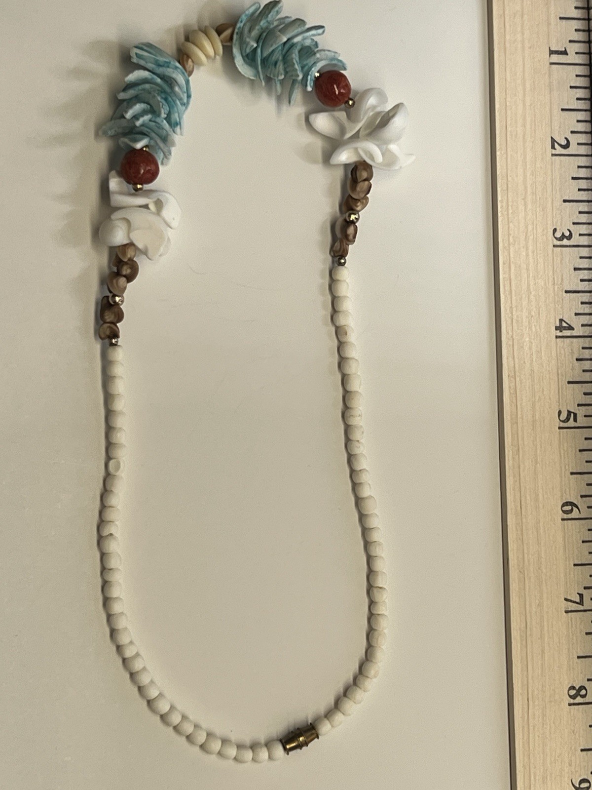 Vintage White and Blue Puka Shell With White Beads 16”Necklace