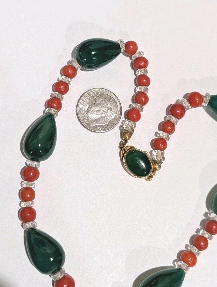 Vintage 14k Genuine 13mm Jade Coral Quartz Beads 13.5″ Choker Necklace 32 Grams