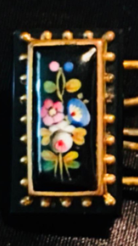 Victorian Hand Painted Onyx Rose Lily Gold Floral Large Brooch Pin