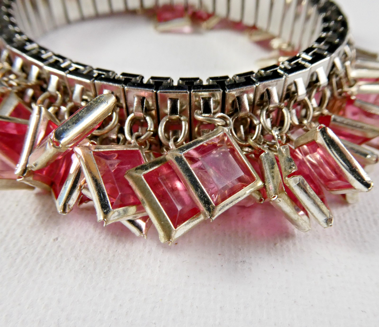 Vintage PINK Square Faux Crystals CHA-CHA Bracelet Silver Tone Expansion Stretch