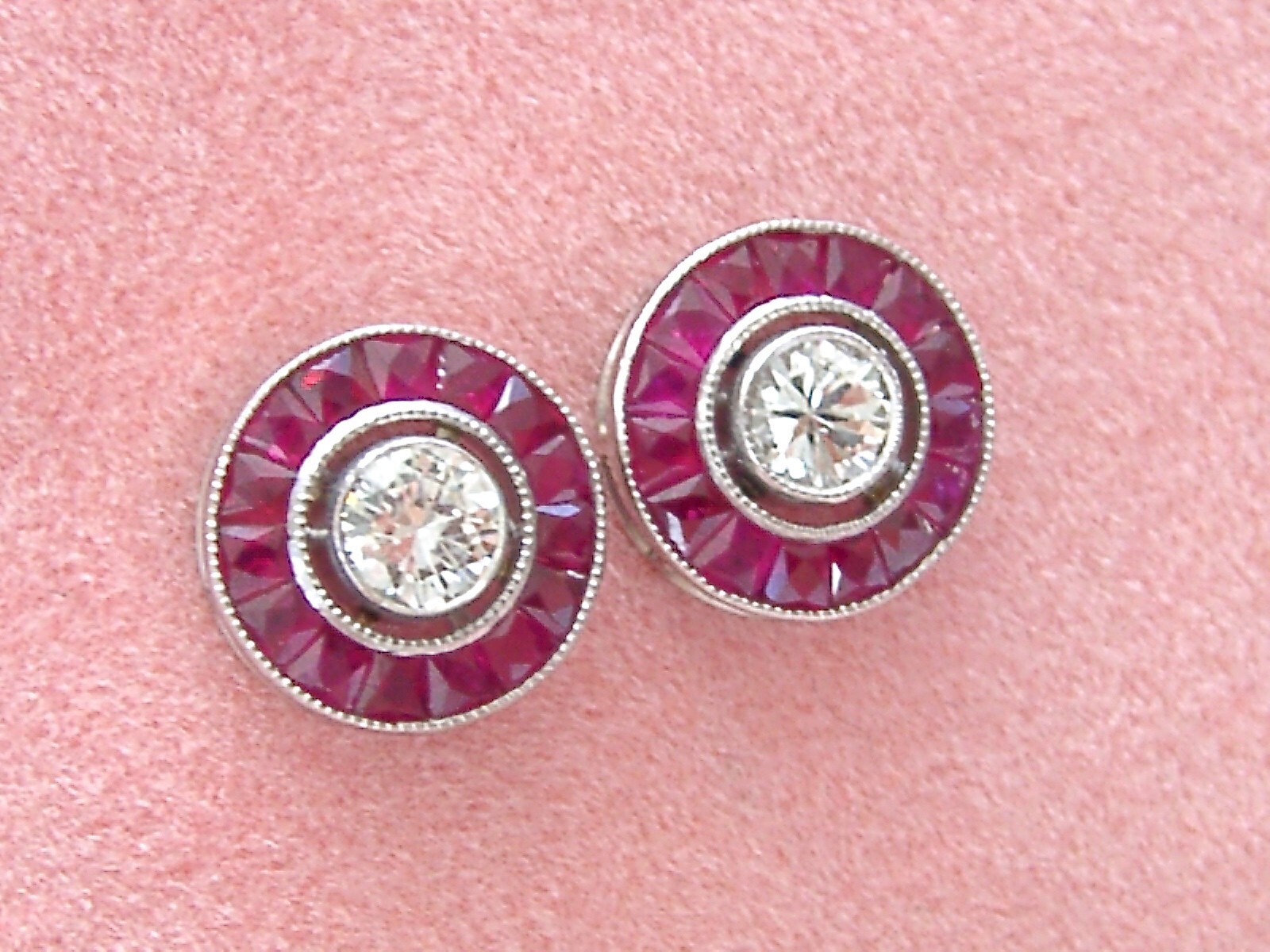 ART DECO STYLE .46ctw DIAMOND w/ RUBY HALO PLATINUM 9.5mm EVERYDAY STUD EARRINGS
