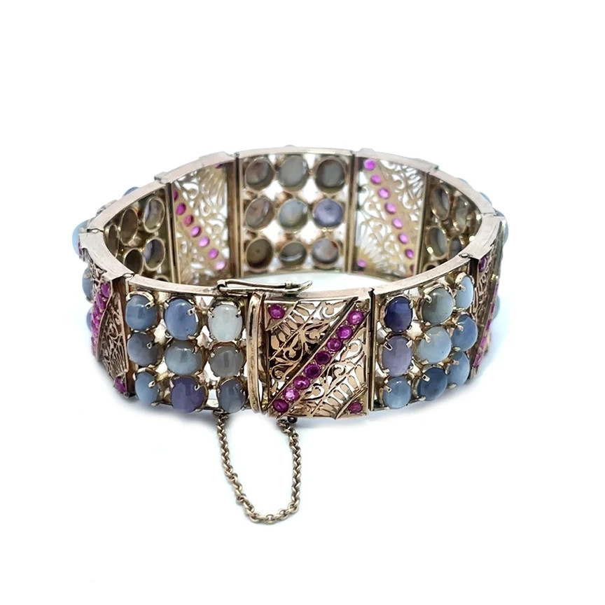 Ruby Star Sapphire Gold Bracelet 8k Art Deco White Filigree Rectangle Links