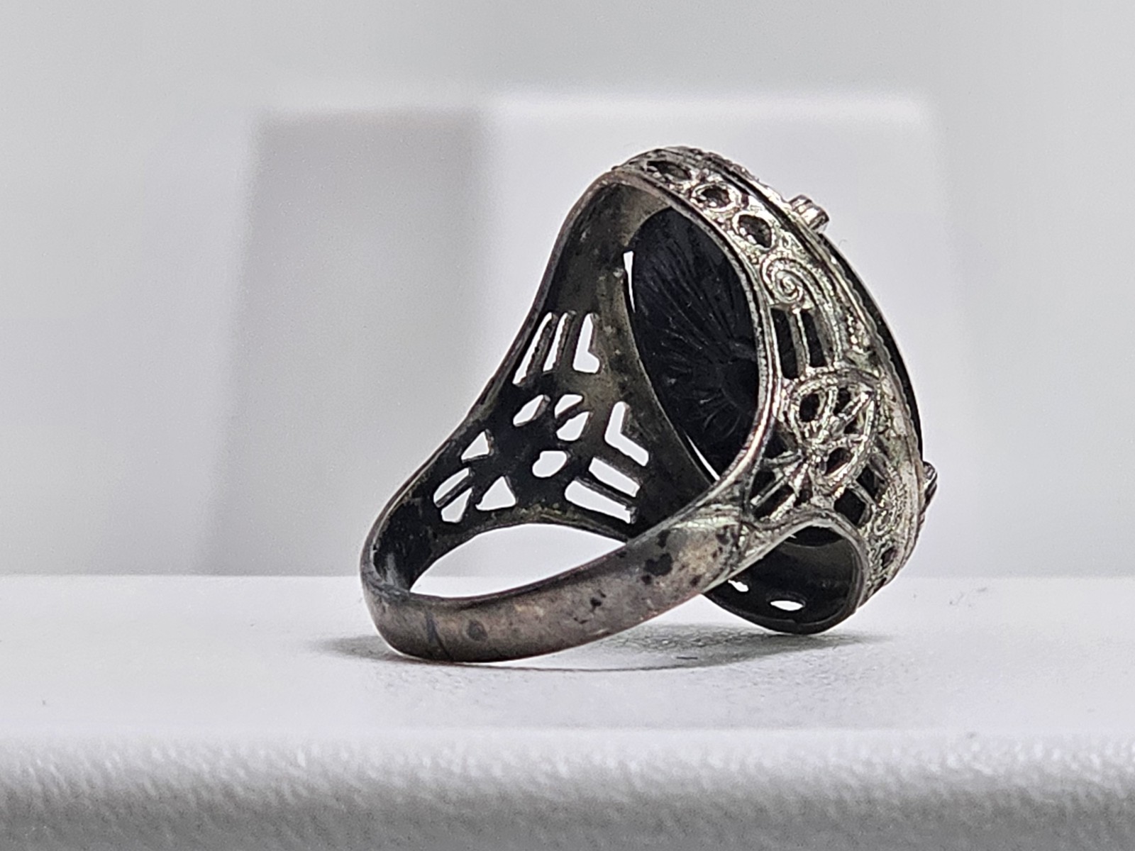 Antique Sterling Onyx & Rough Diamond Filigree Ring Sz 6 (Loose Stone/Onyx)