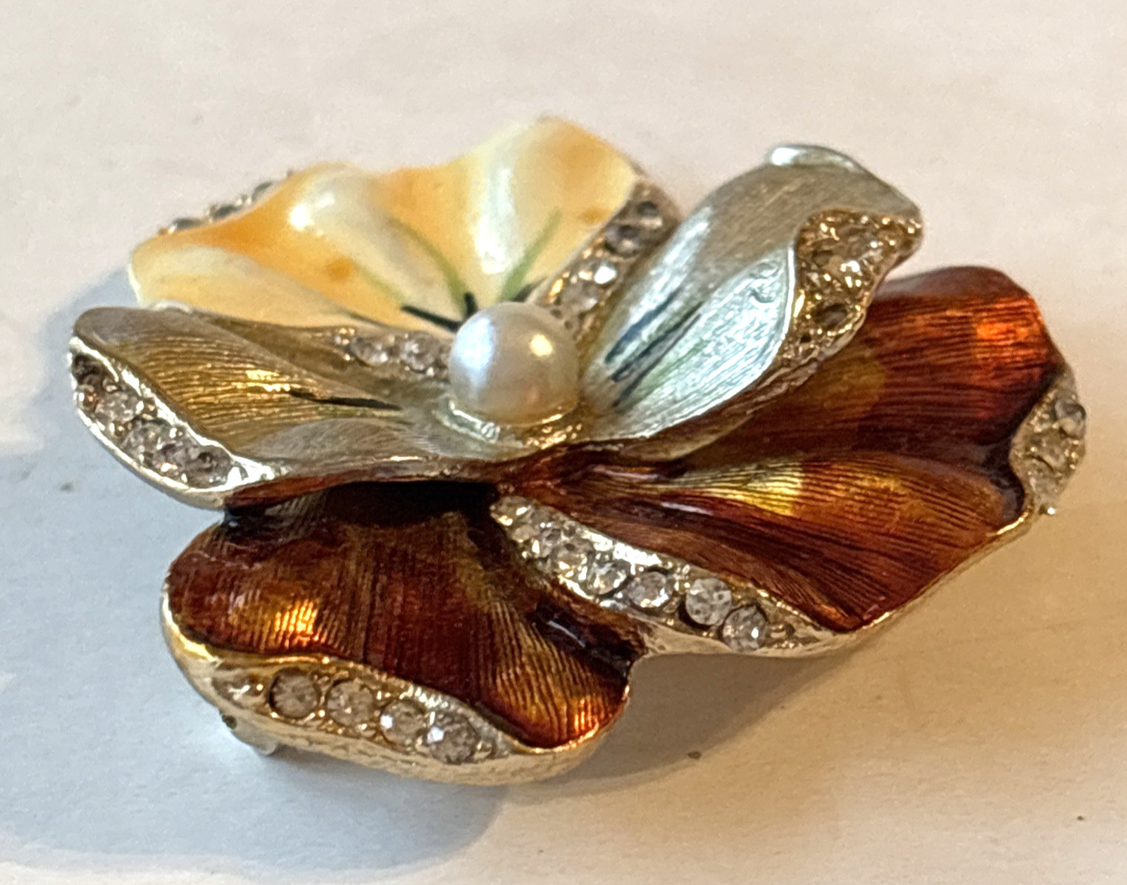 VTG Enamel Pansy Brooch Rhinestones Faux Pearl Spring Yellow Gold Tone Read
