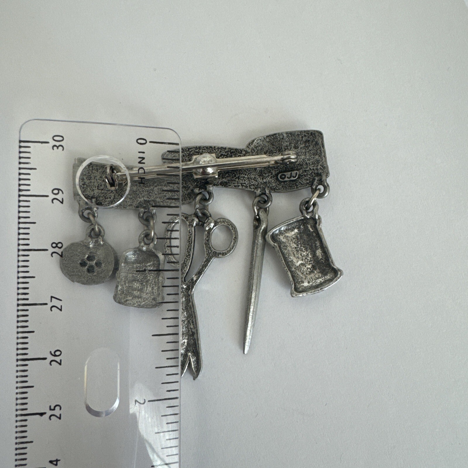 JJ Sewing Brooch Pewter Tape Measure With 5 Dangles