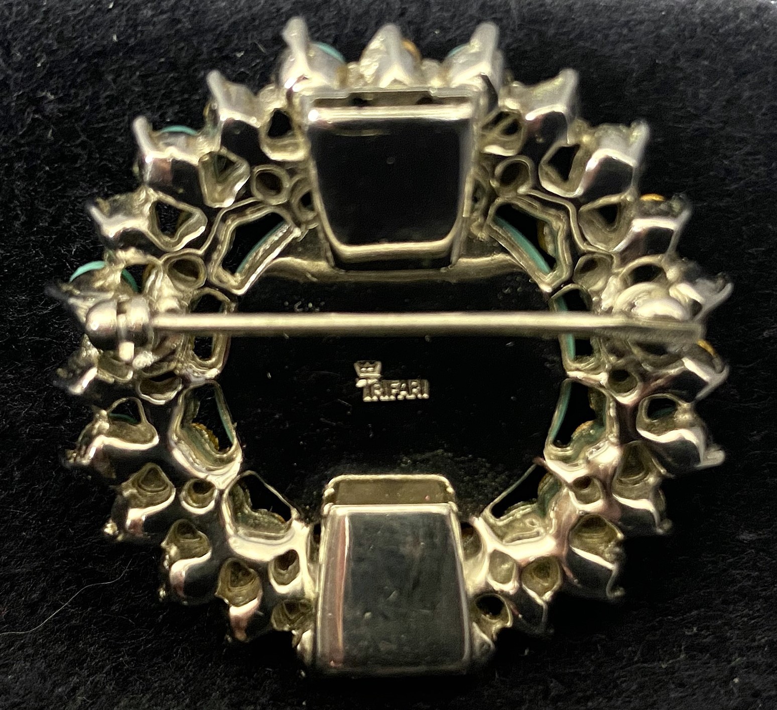 Vintage, Signed, Trifari Costume Jewelry Brooch Faux Turquoise Blue Rhinestones