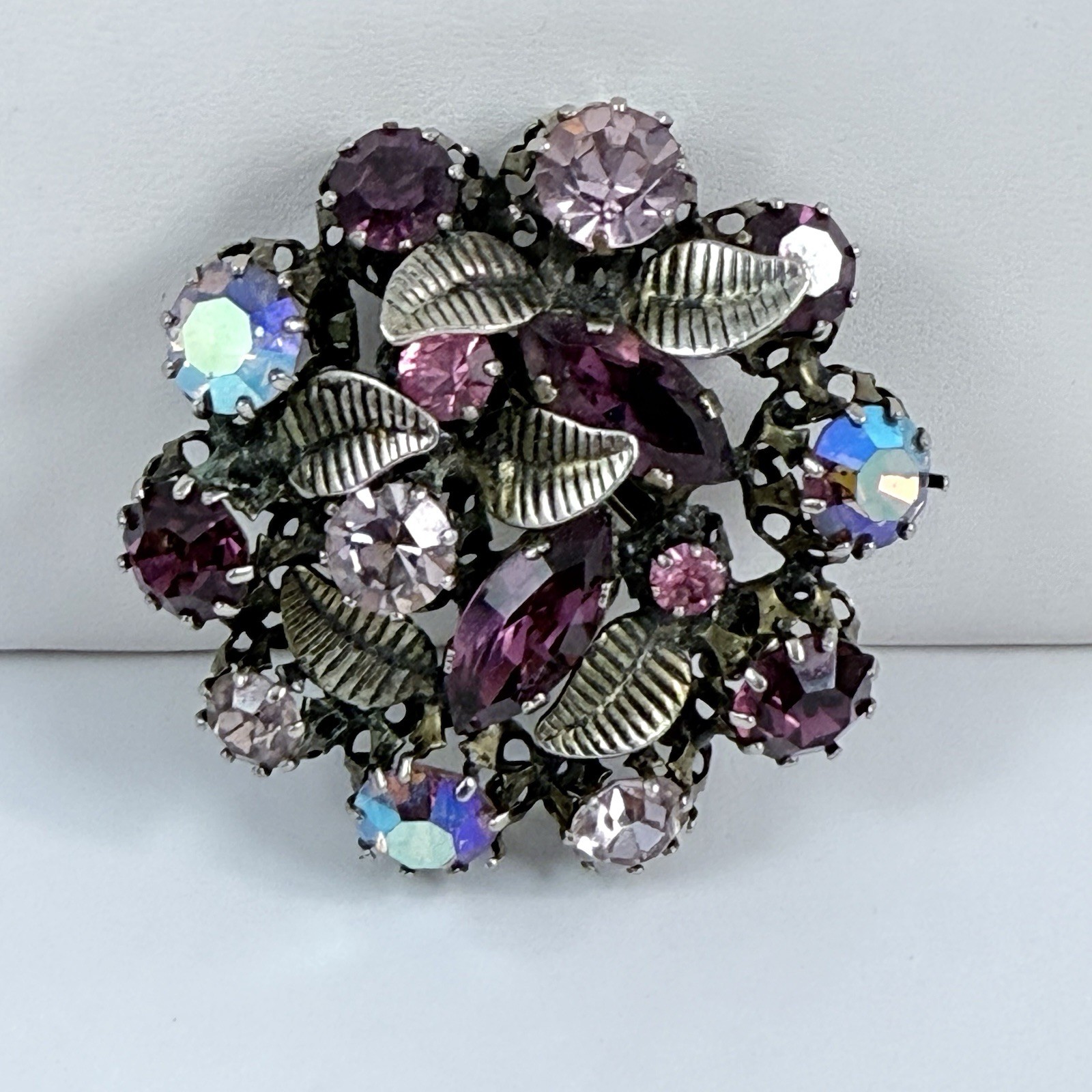 Vintage Austrian Purple & Pink Aurora Borealis Crystal Brooch Estate Pin