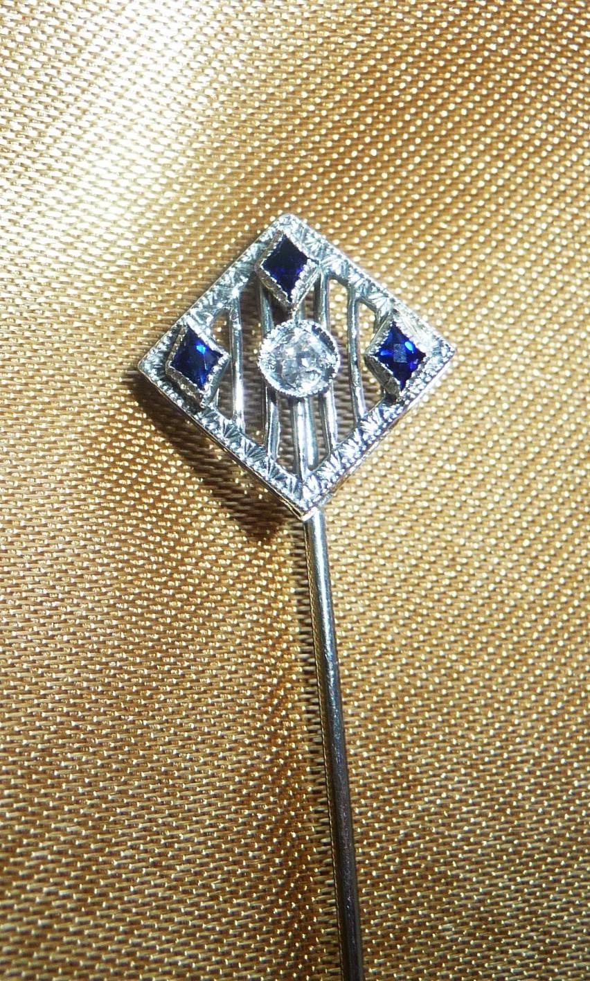 BEAUTIFUL ANTIQUE CIRCA 1920 18K WHITE GOLD DIAMOND SAPPHIRE STICK PIN BROOCH!