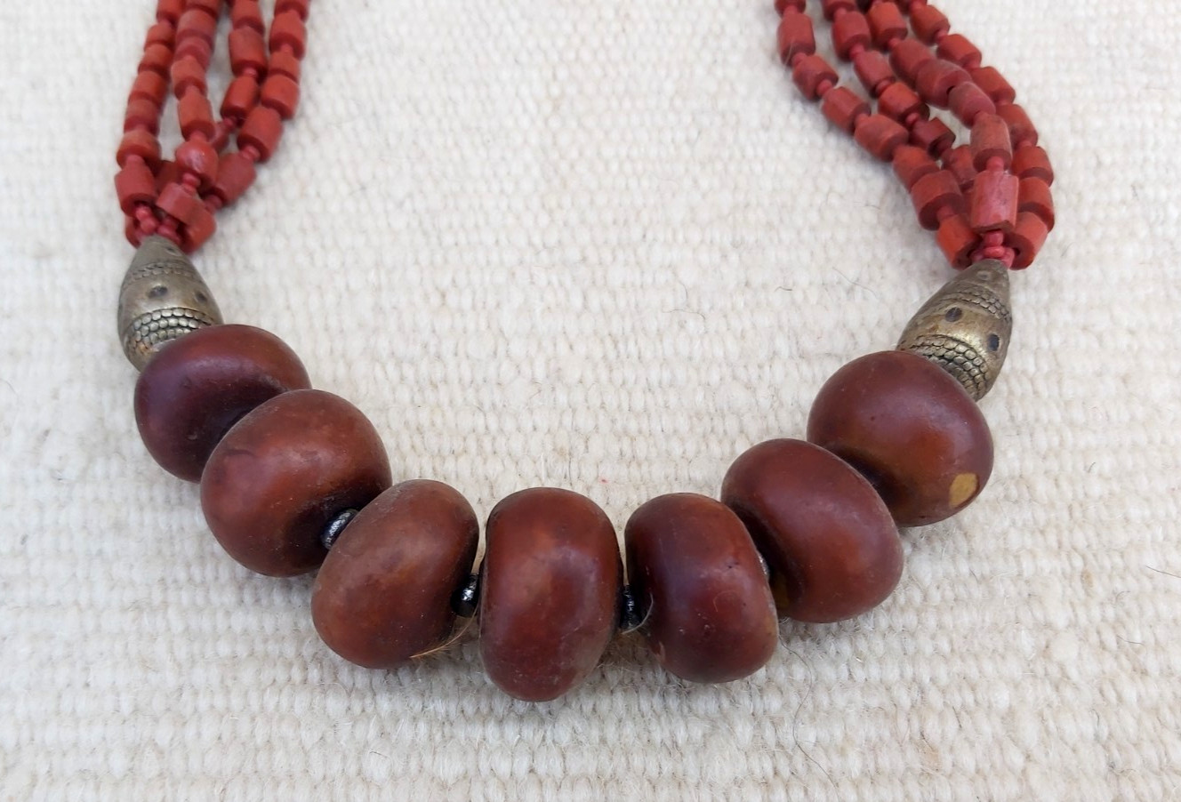 Vintage Tribal Coral Glass & Resin Copal Necklace Ethnic Metal Beads Boho Statem