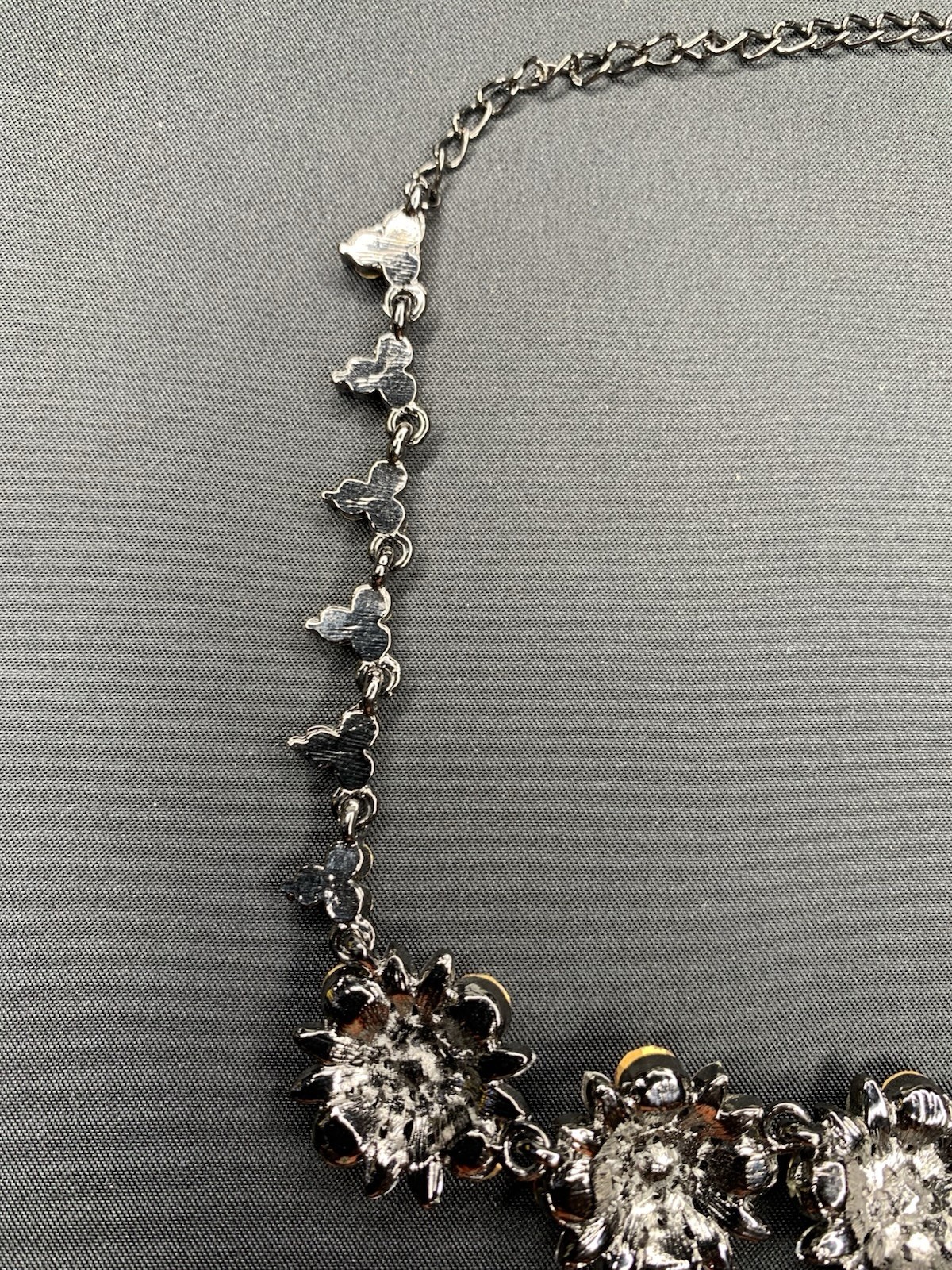 Pink Flower Shape Rhinestone Black Gun Metal Necklace 14” Choker