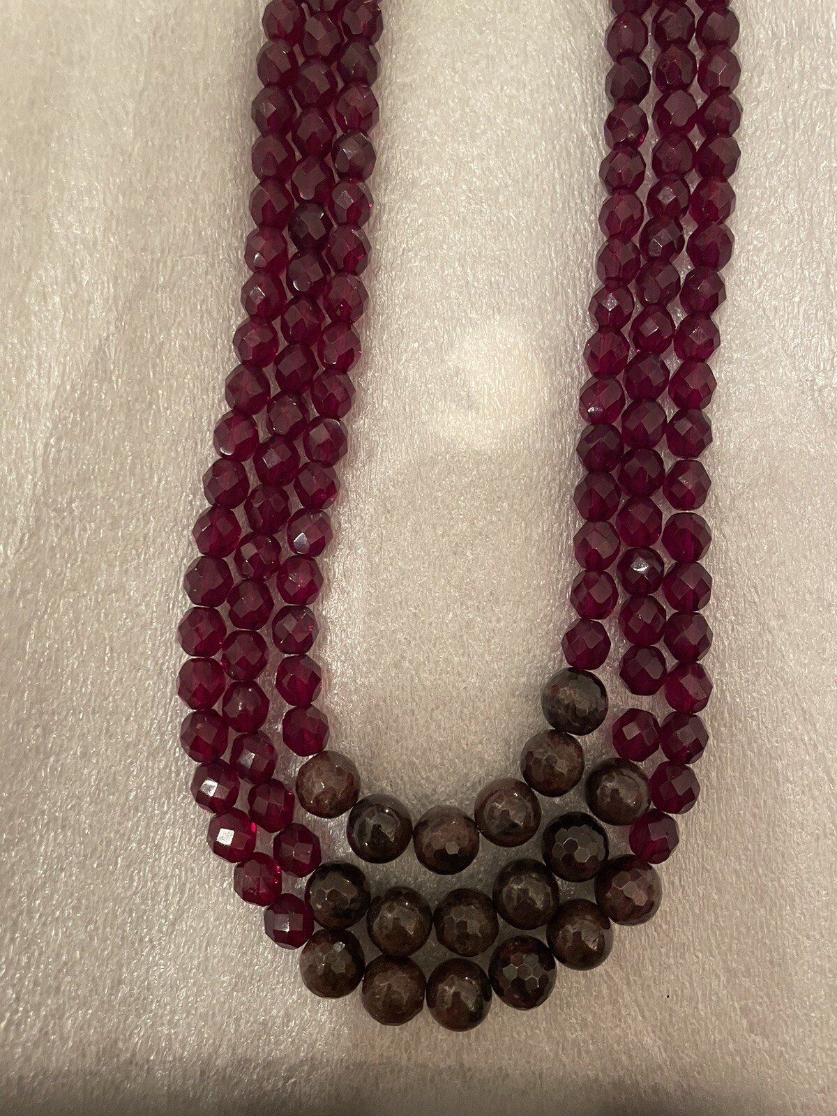 Retro Bordeaux Garnet Czech Fire Polished Faceted Crystal Bead 3-Strand Necklace