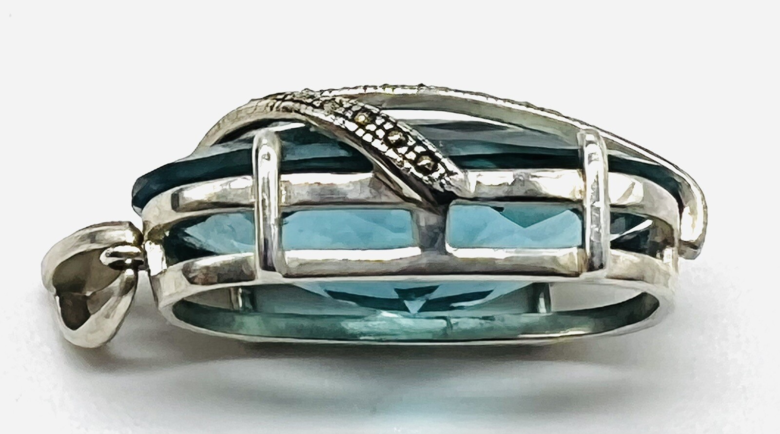 Necklace Blue Crystal Glass STERLING SILVER MARCASITE OVAL STONE NOS 1980’s