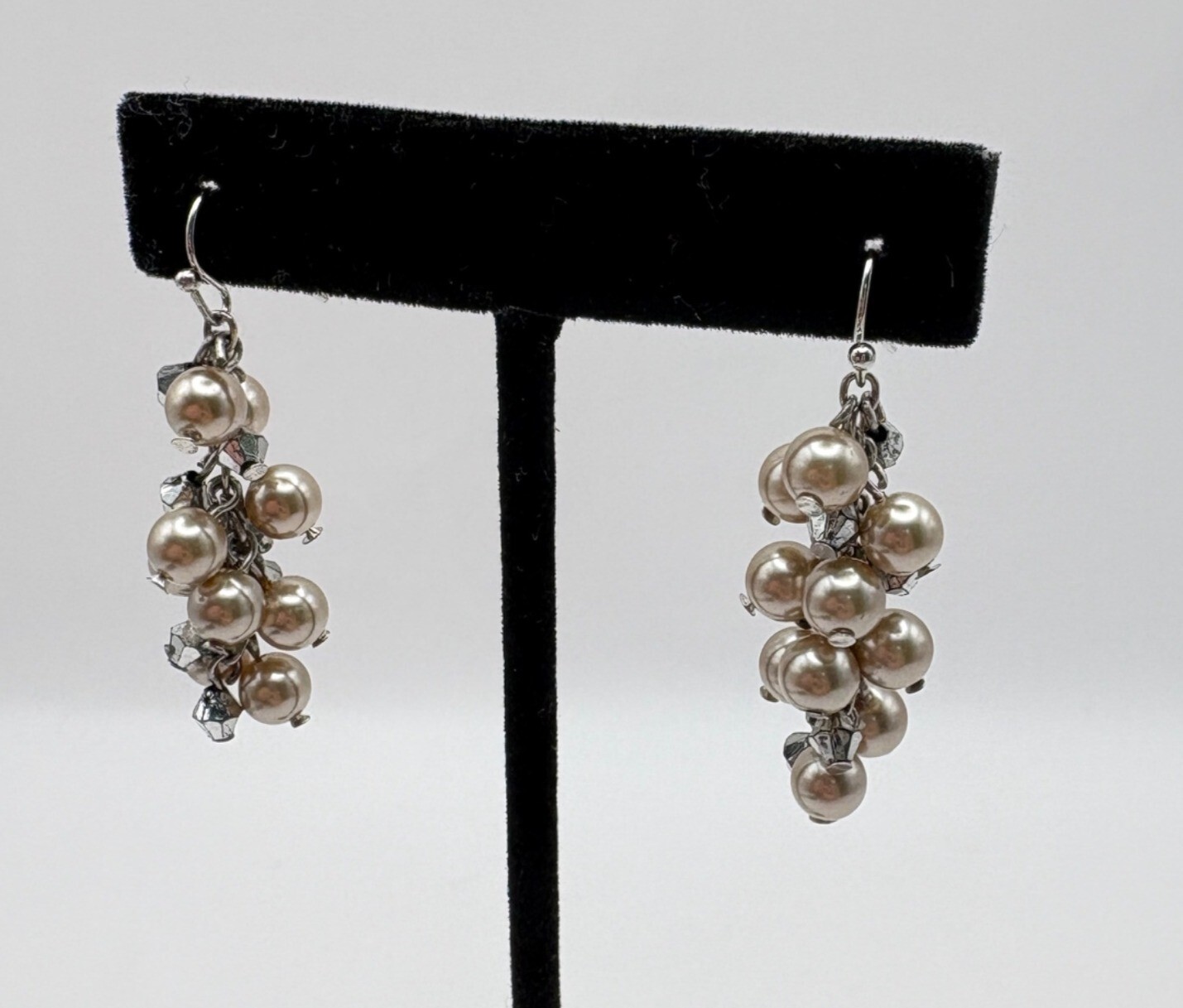 Vintage Faux Pearl Cluster Dangle Earrings Silver Tone Chain Accents