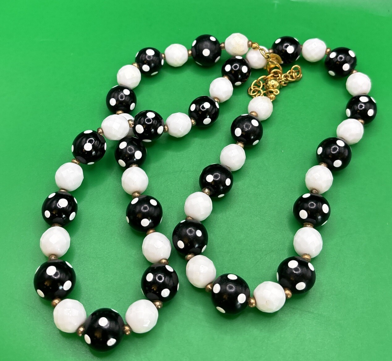 Vintage Signed Joan Rivers White Black Polka Dot Necklace 30-33”