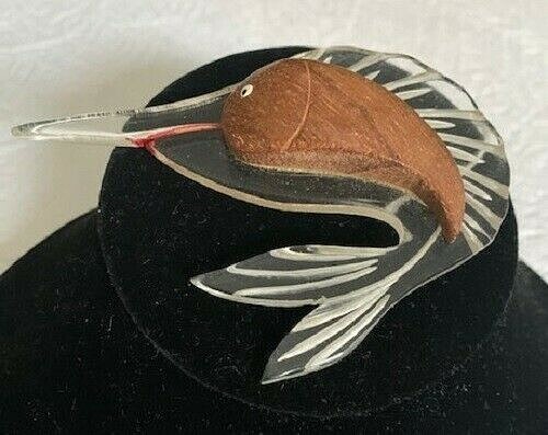 VINTAGE 1950’S LUCITE AND WOOD SWORDFISH BROOCH