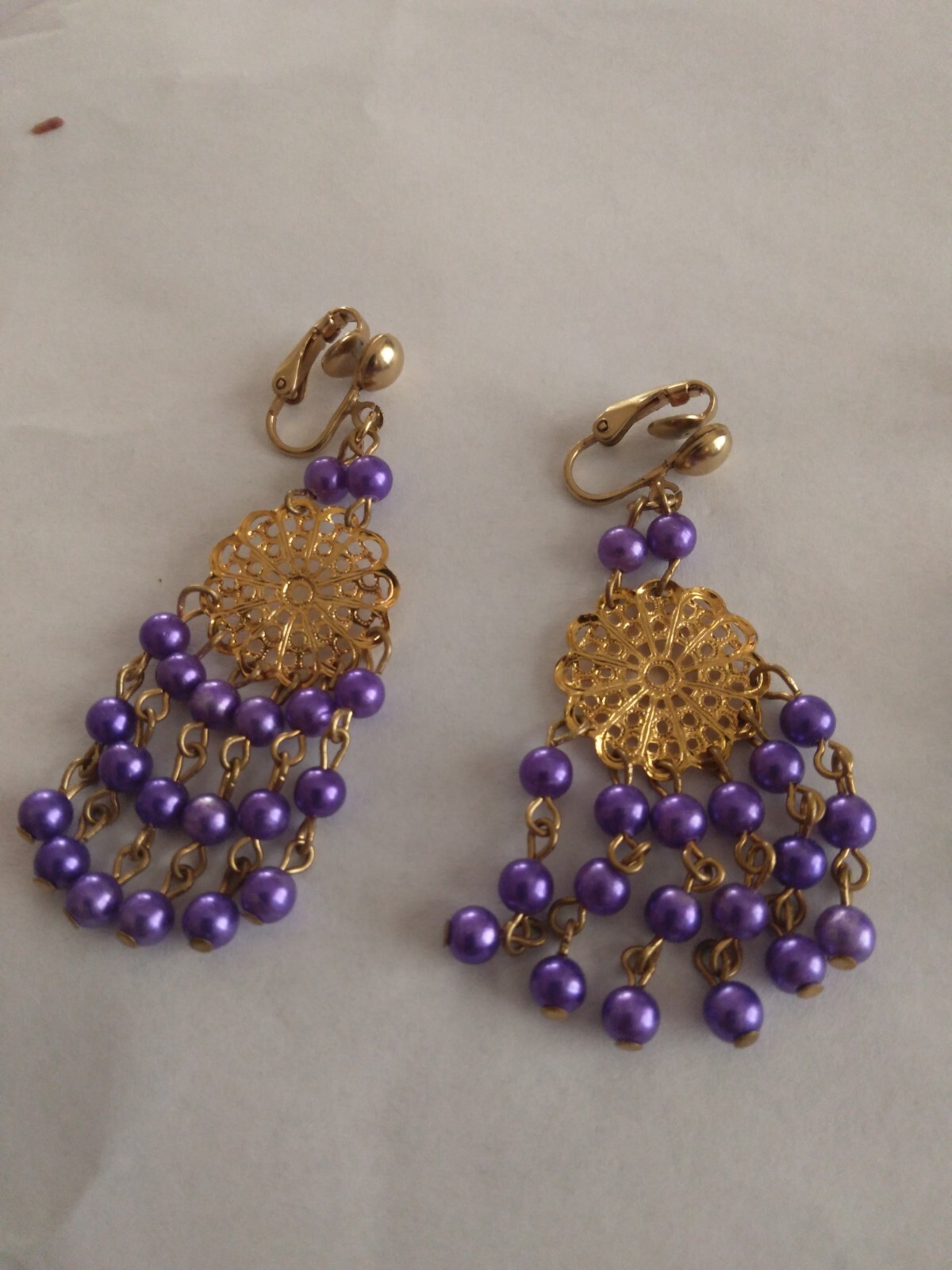 Vtg 2 Set Purple and Blue Gold Tone Chandelier Earrings