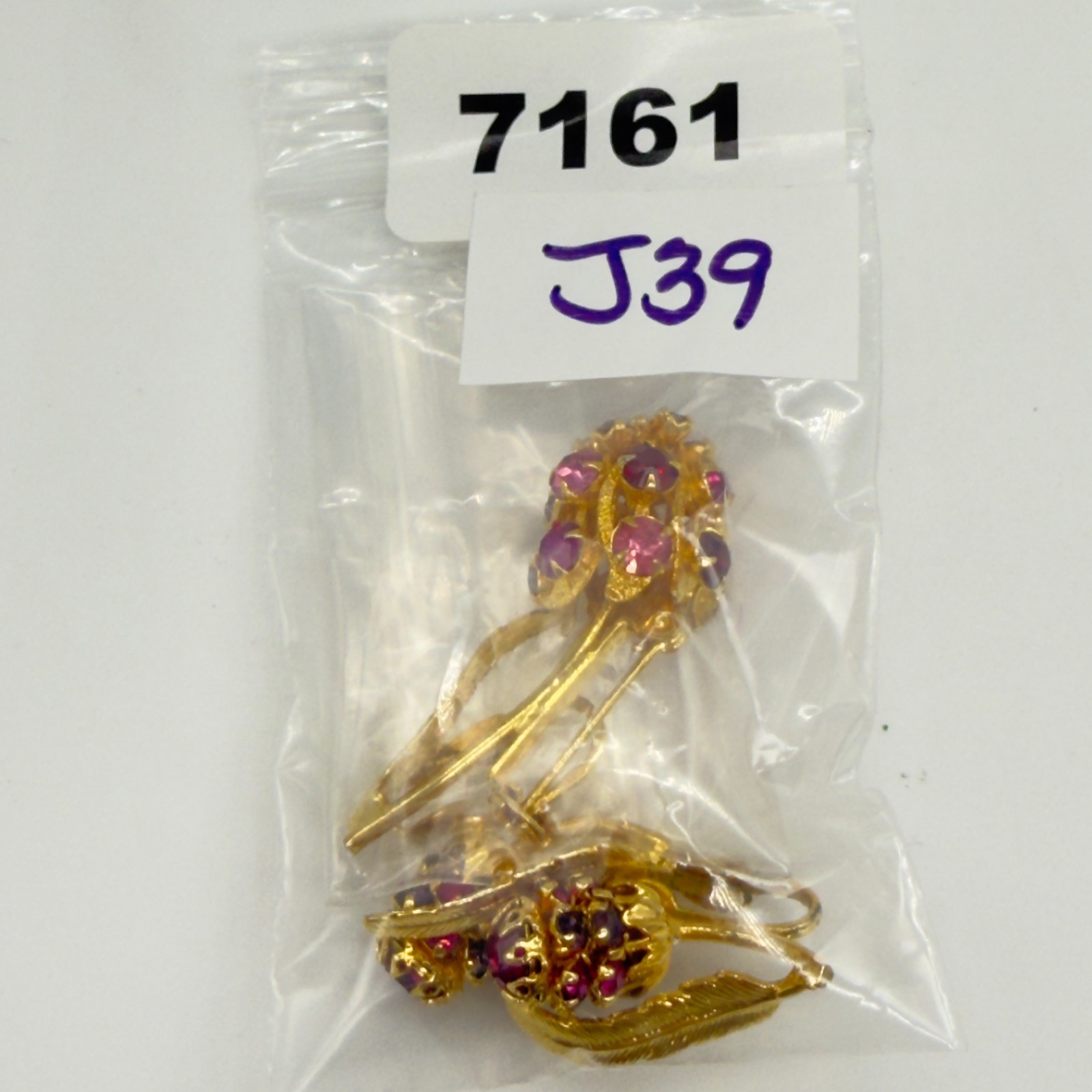 Vintage Flower Brooch and Earring Set Pink Red Rhinestones Gold Tone Clip Ons